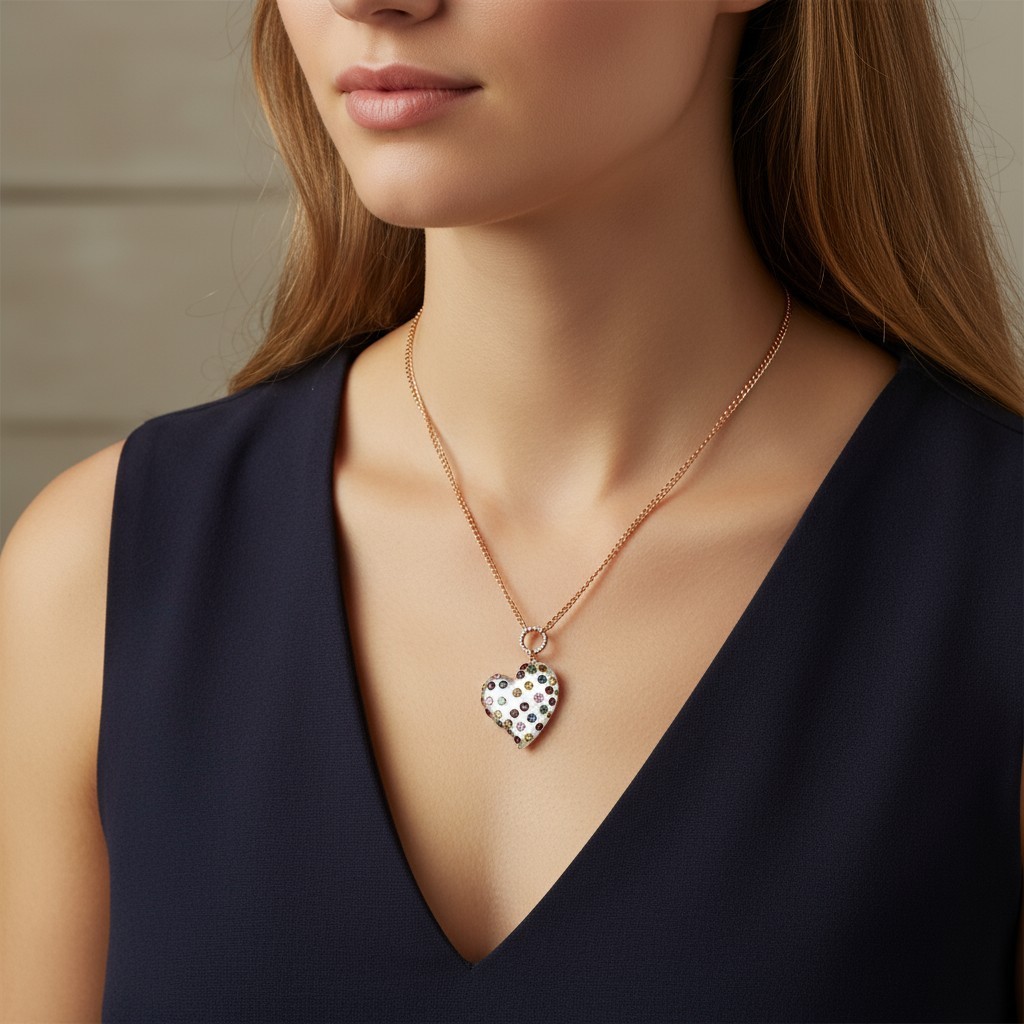 Betsey Johnson Multi-Colored Stone Lucite Heart Pendant Necklace Long Length