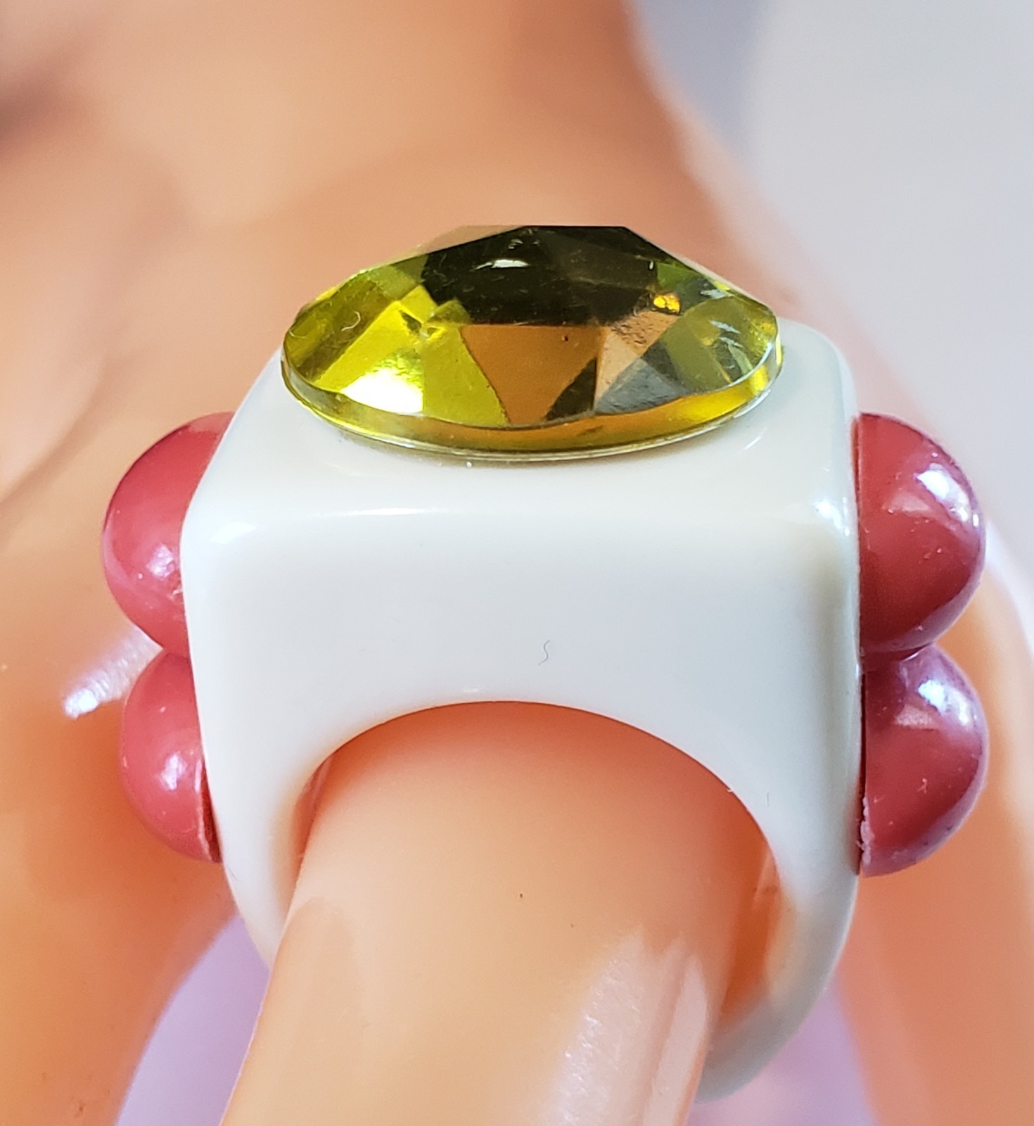 Signed La Manso Ring White Dark Pink Side Cabochons Yellow Faceted Top Sz 5