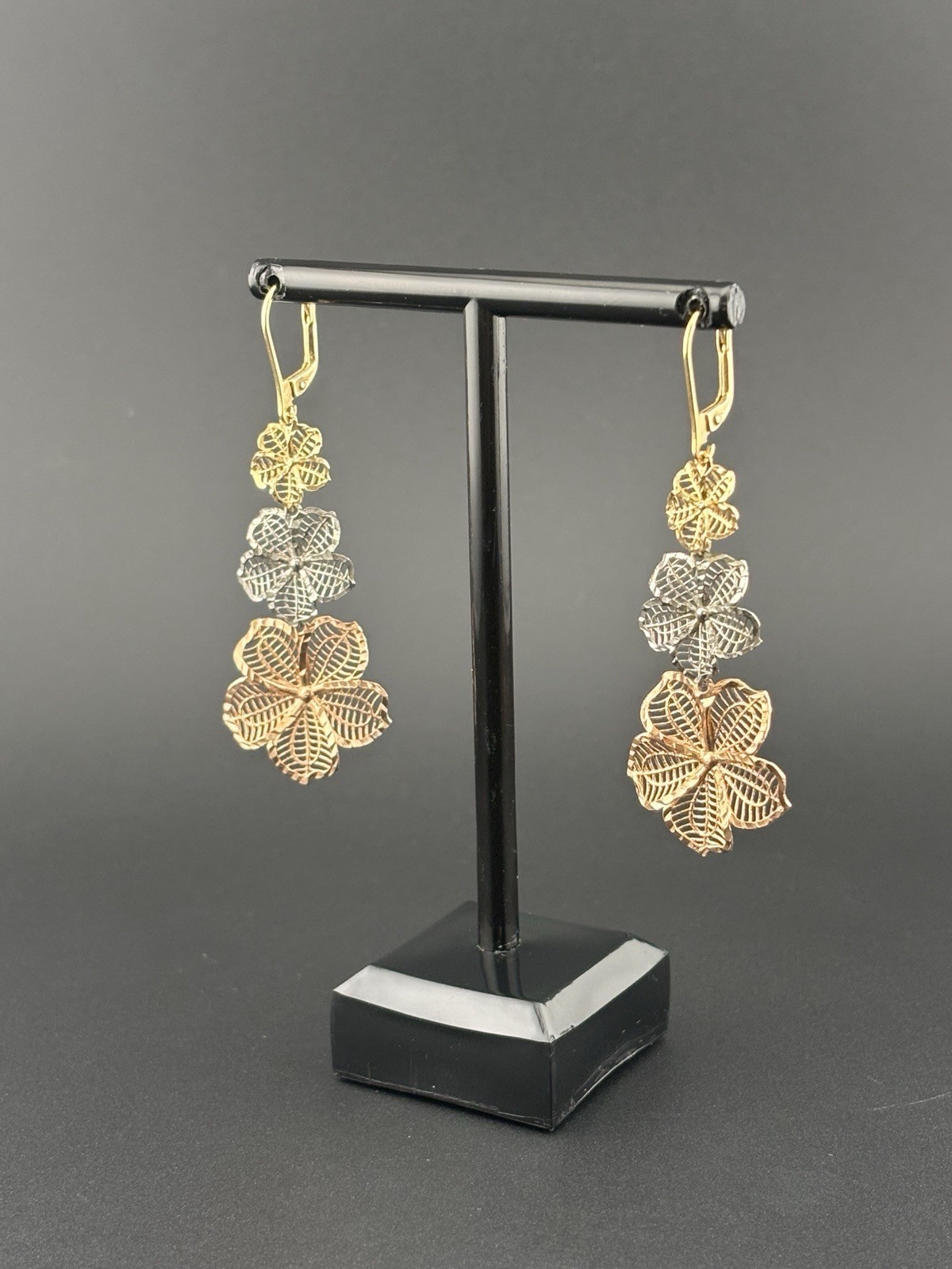 AK 925 Sterling Silver Turkey Tri Color Filigree Flower Dangle Earrings