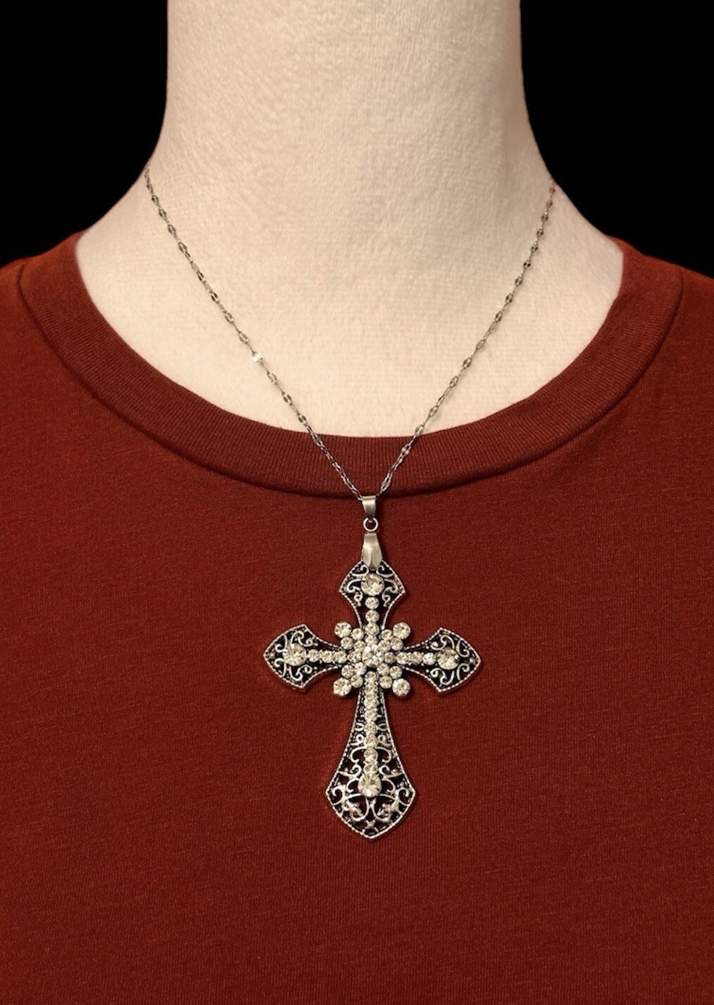 Large Victorian Cross Necklace Chain Silver Religious Gothic Grunch Whimsgoth