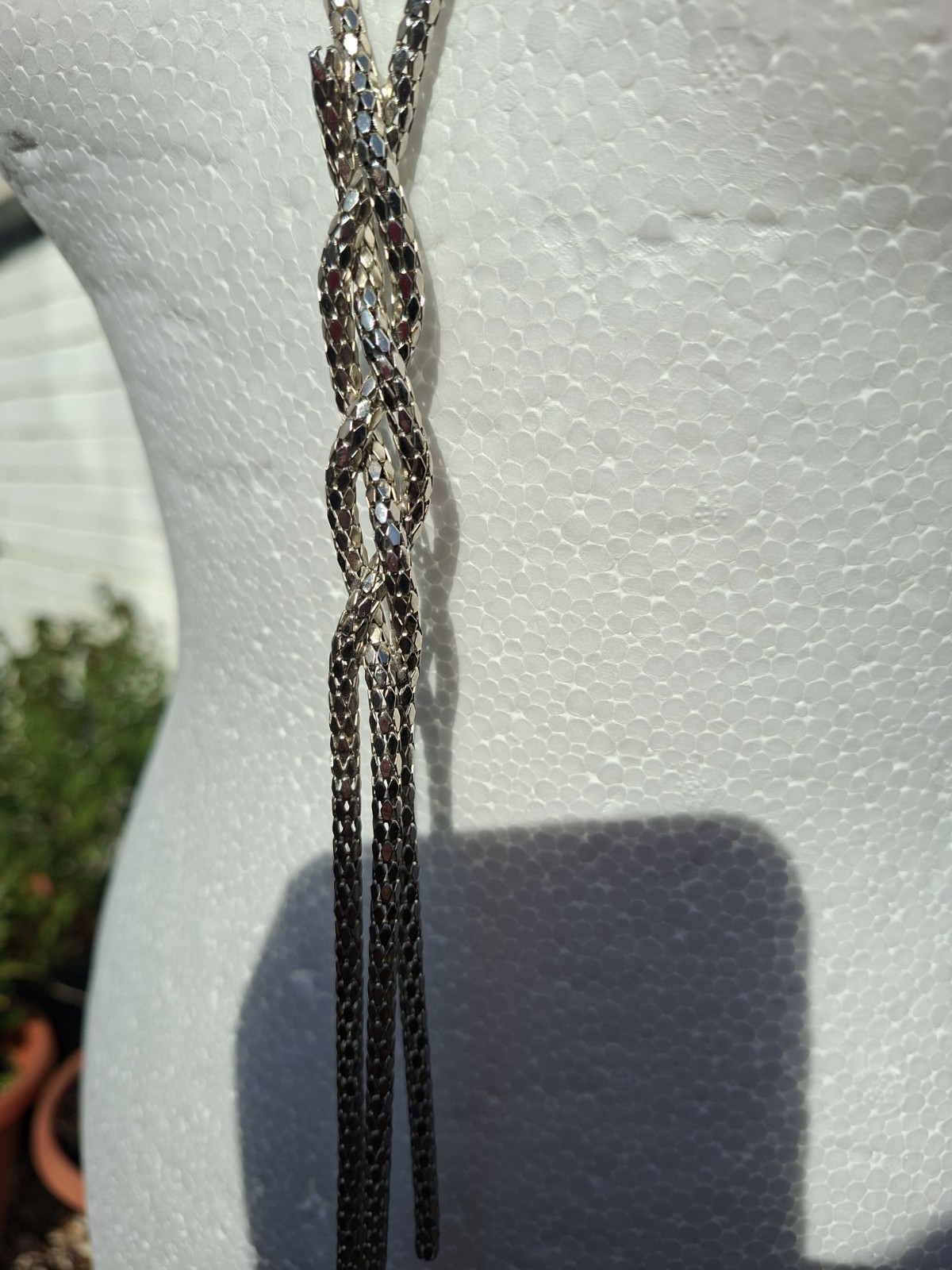 Long Silver Tone Tube Link Necklace Minimalist Boho Lightweight Statement 36cm