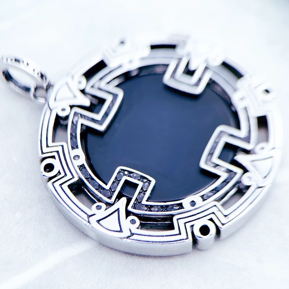 Mandala Maze Black Onyx Amulet CZ Pendant 925 Sterling Silver 1.5 inch Long