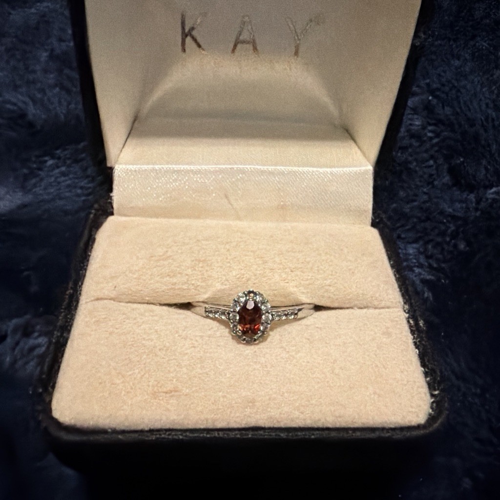Kay Jewelers 925 Sterling Silver Oval Red Garnet Halo Diamond Ring Size 7 Signed