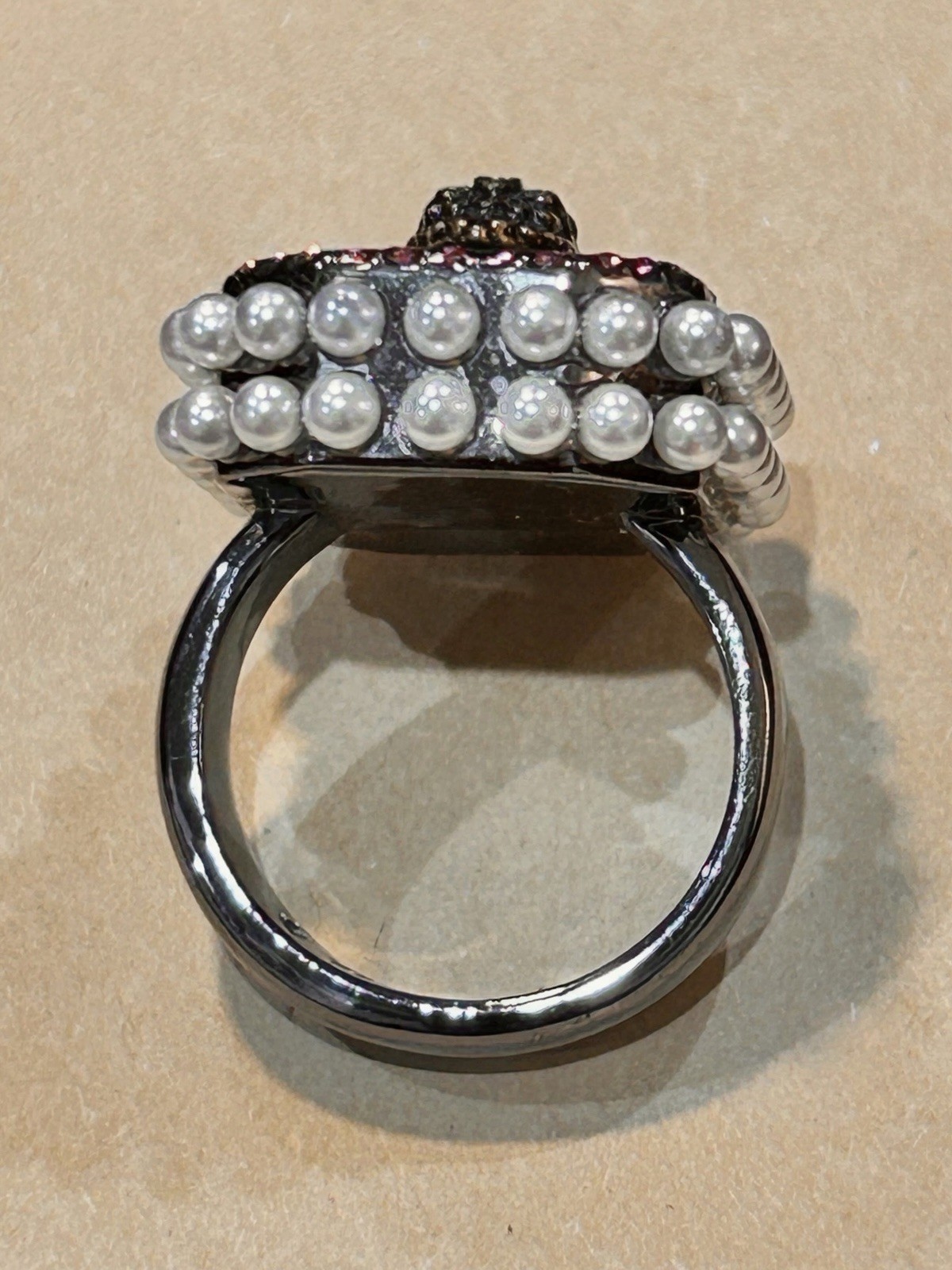 Kurt Geiger London Green Emerald-Cut Crystal Pearl Halo Cocktail Ring Size 8
