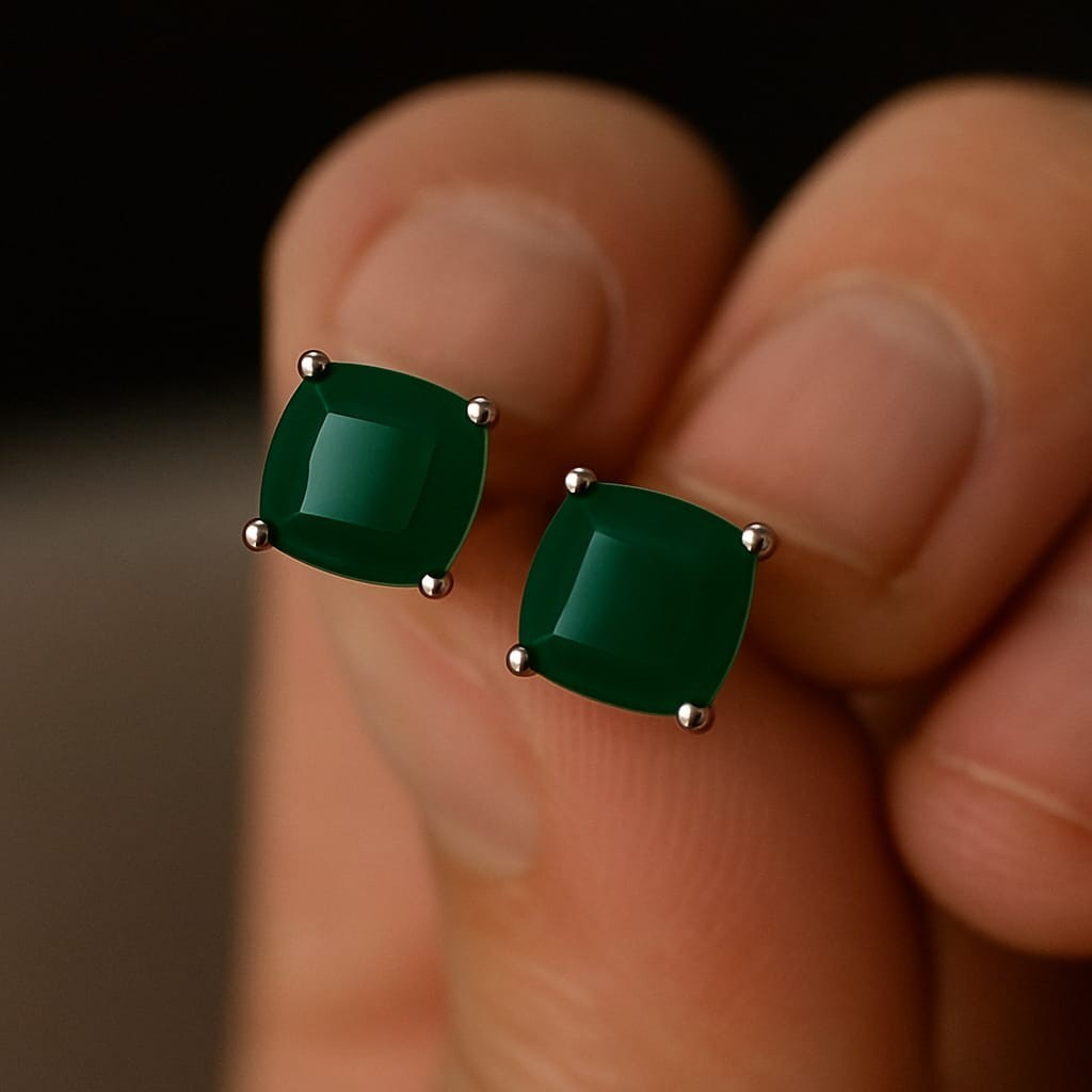 Green Onyx Cushion Cut Gemstone 925 Sterling Silver Women Designer Stud Earrings