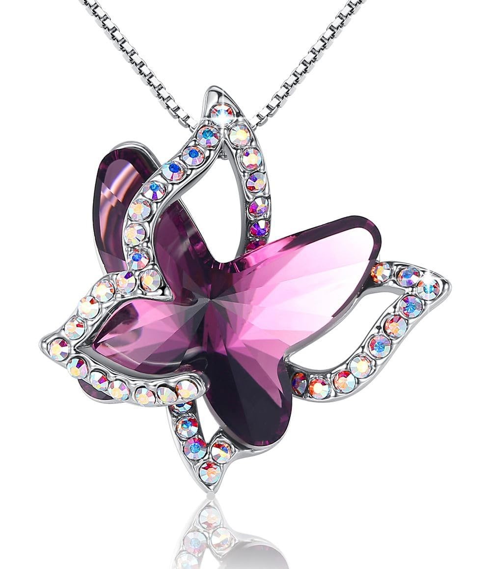 Elegant Butterfly Birthstone Crystal Necklace for Women – Silver Tone Pendant Je