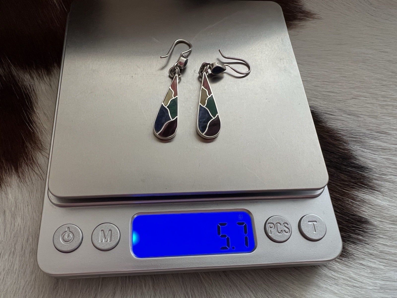 WOW Peruvian Inca Inlaid Turquoise Spiny MOP Lapis Dangle 950 Silver Earrings