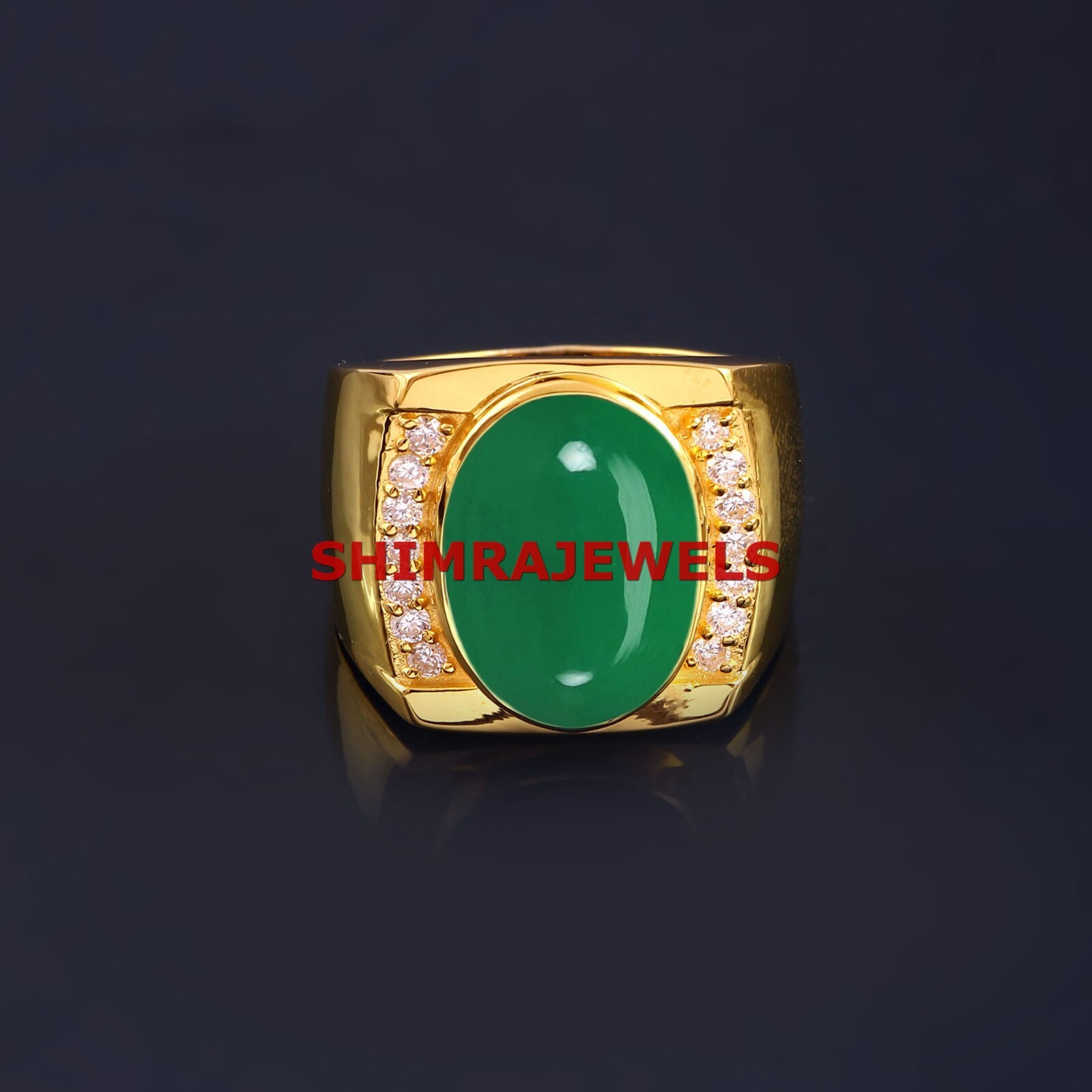 Natural Green Onyx & CZ With Gold Plated 925 Sterling Silver Men’s Ring #1117