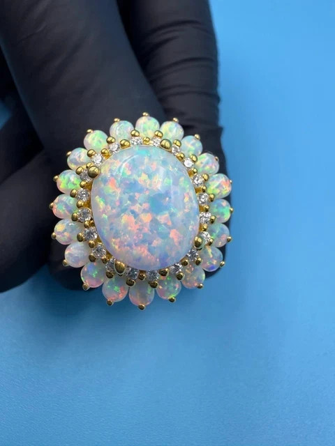 3.20Ct Oval Cut Lab Created Fire Opal Cluster Engagement Ring Yellow Gold Plated