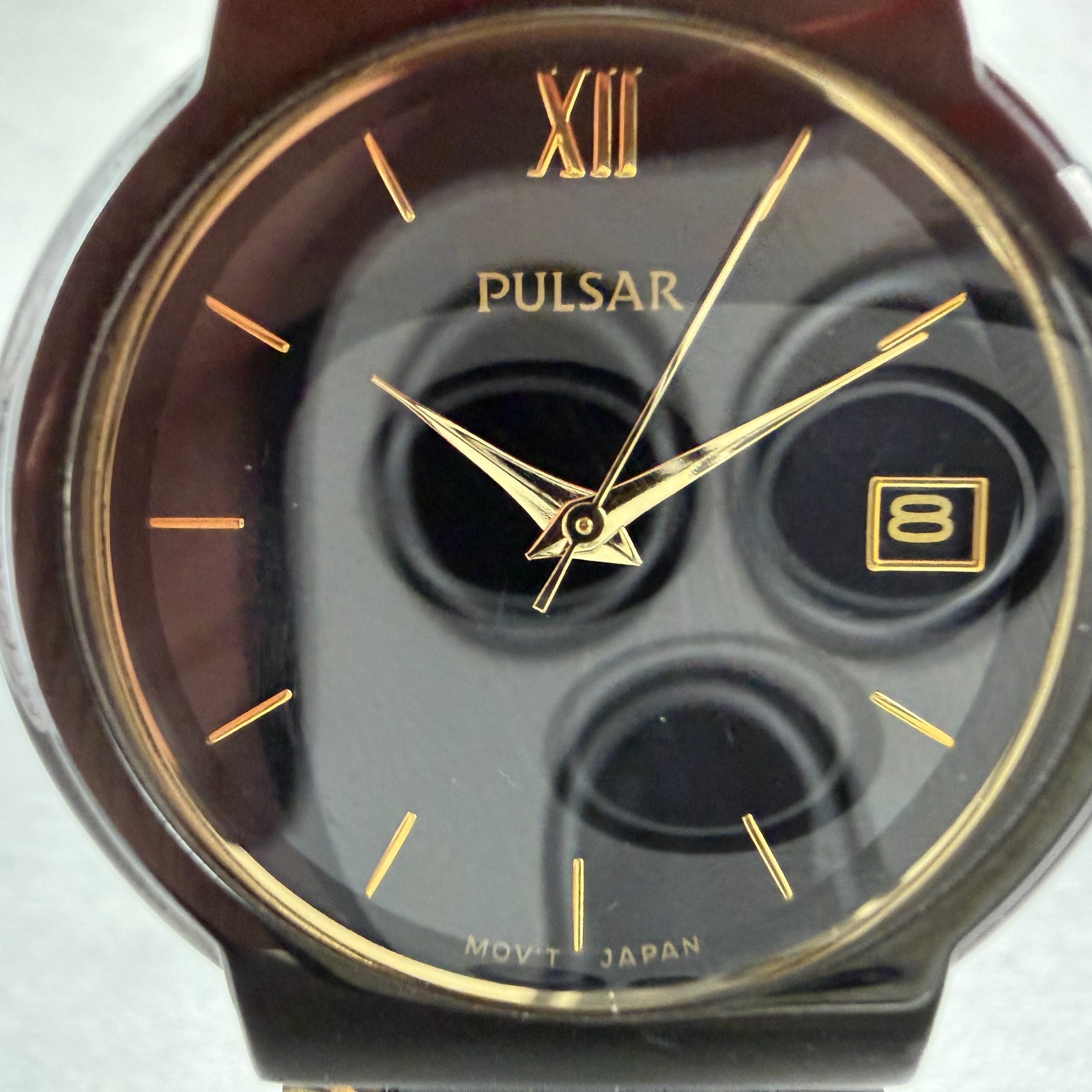 Seiko Pulsar Watch Men 35mm Black Dial Black & Gold Tone Date VX42-X106 New Batt
