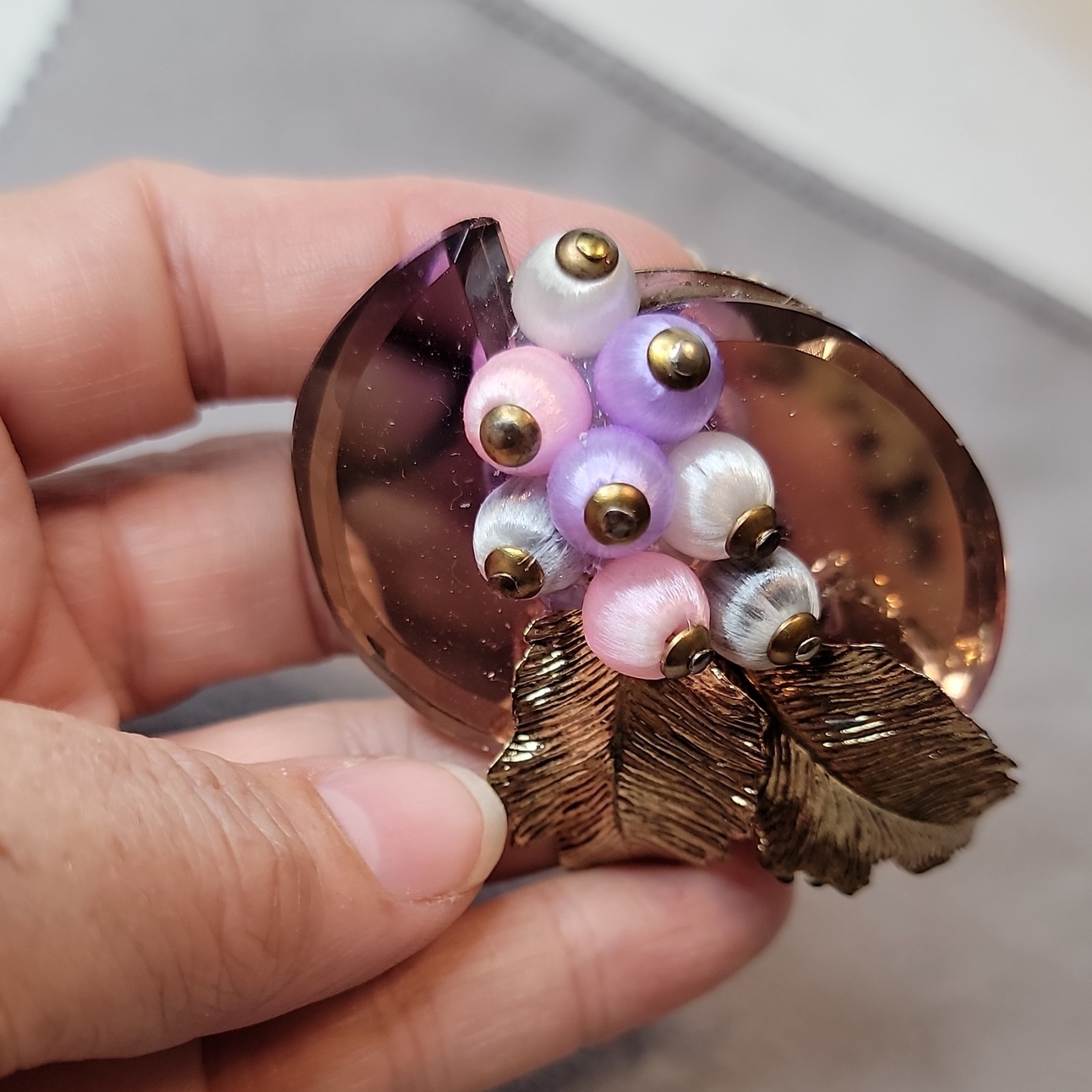 Vtg 1950s Lavender Mirror Back Brooch Satin Silk Thread Wrapped Berry Grape Pin