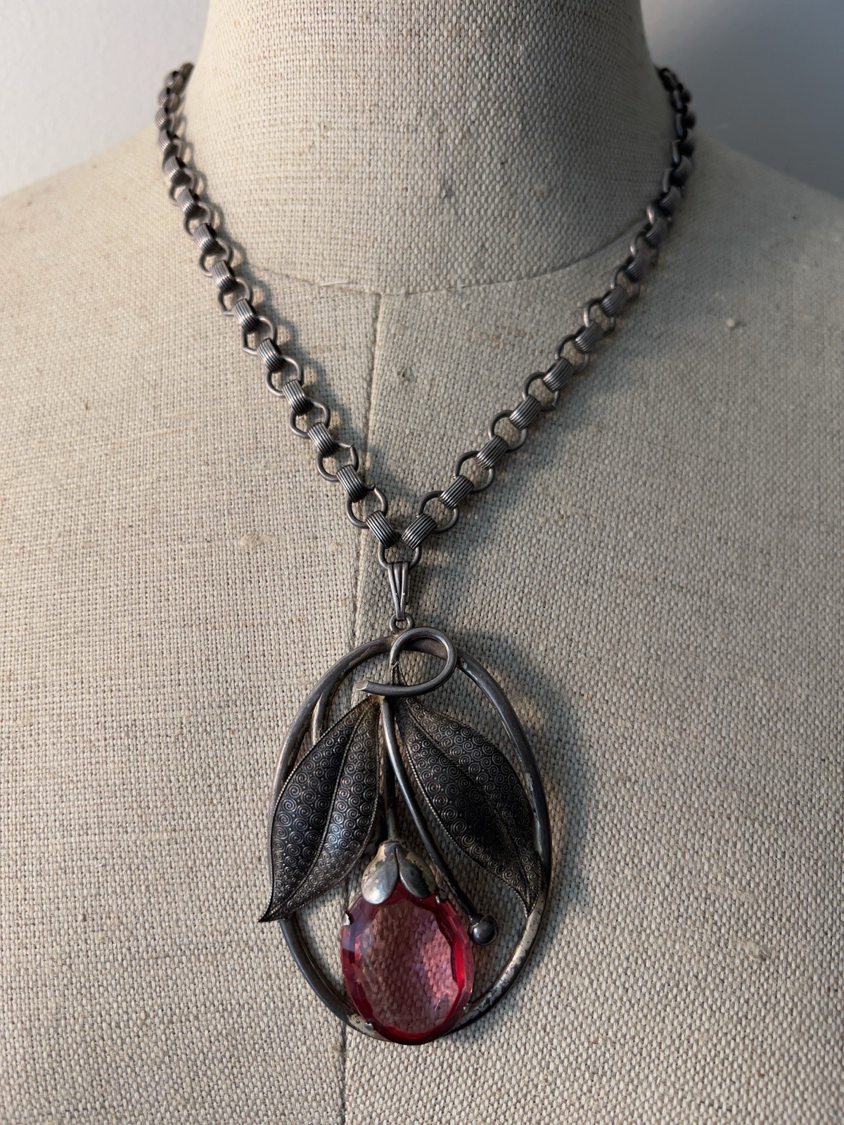Vintage Art Nouveau Pink Glass 3.25” Pendant Bookchain Necklace 18” Chain