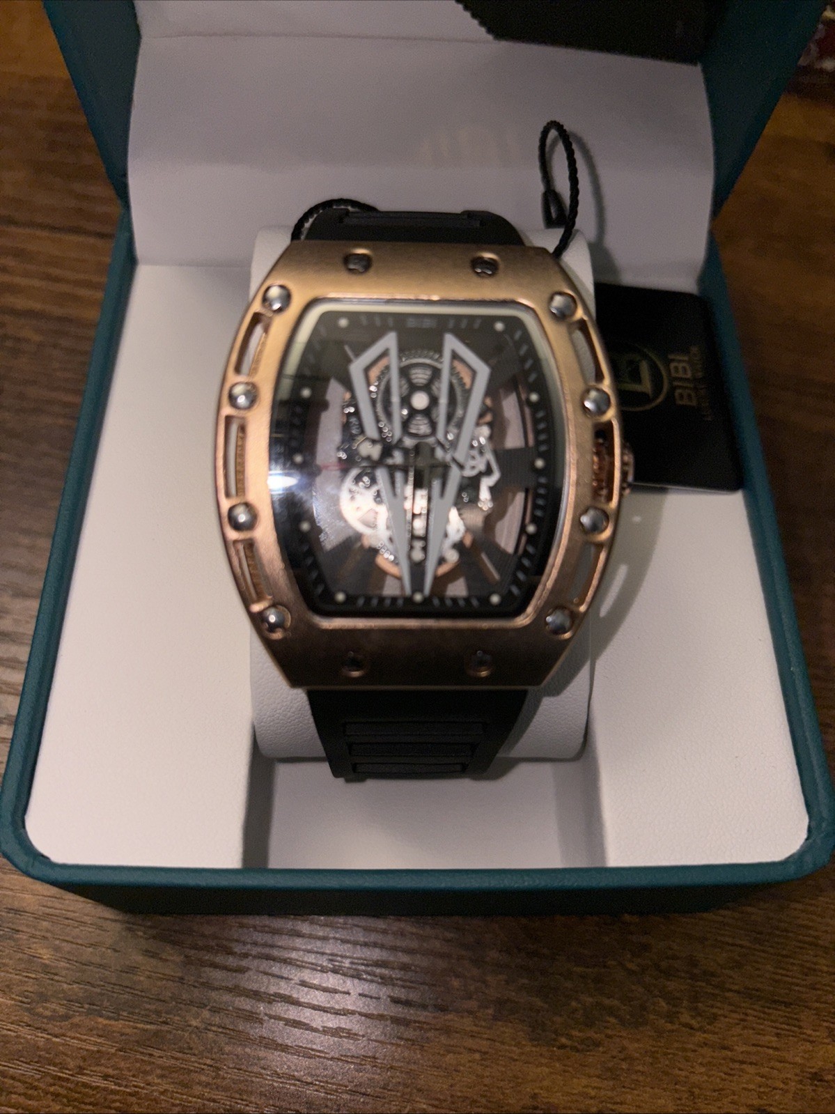 BIBI Luxury Watch B0292 Black Skeleton Dial, Silver Case, Black Silicone Band