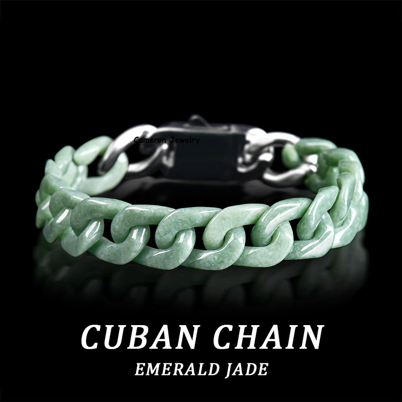 Real Grade A Natural Green Jade Jadeite Cuban Curb Link Bracelet 5.9-9.4Inch