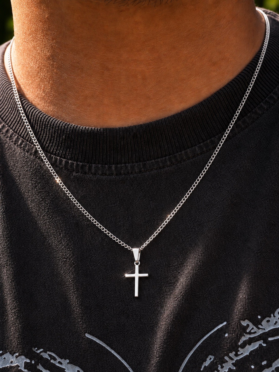 Men’s Minimalist Cross Necklace Silver Stainless Steel Christian Faith Gift
