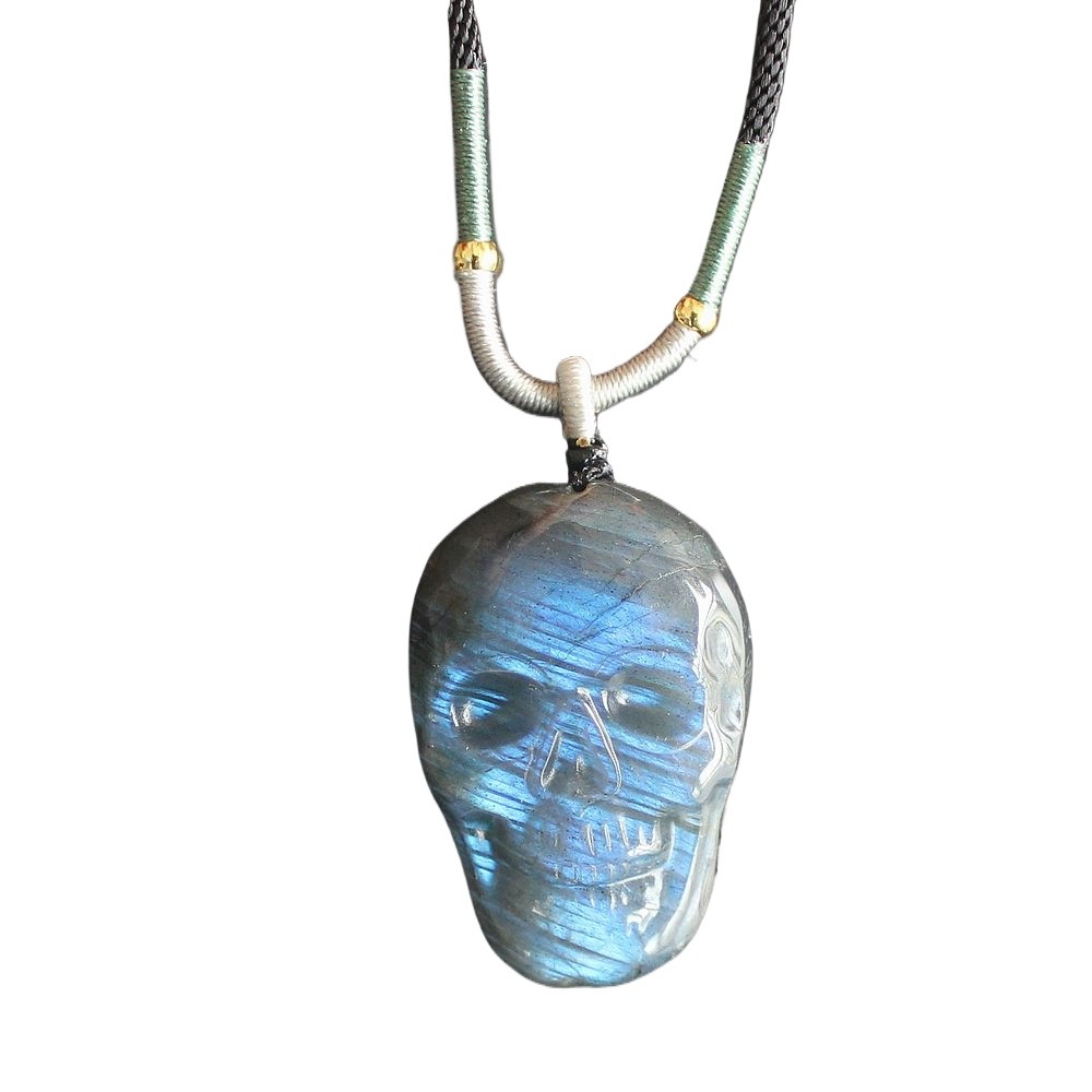 Natural crystal gemstone labradorite skull Necklace pendant with rope chain