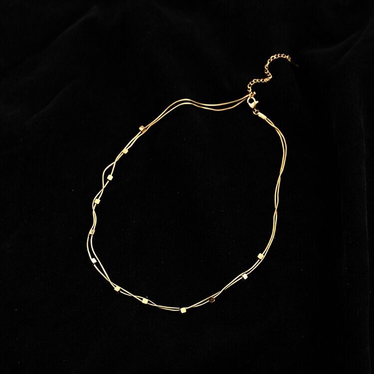 Woman 18K Gold Plated Stainless Steel Cubes 2 Layers Necklace Chain