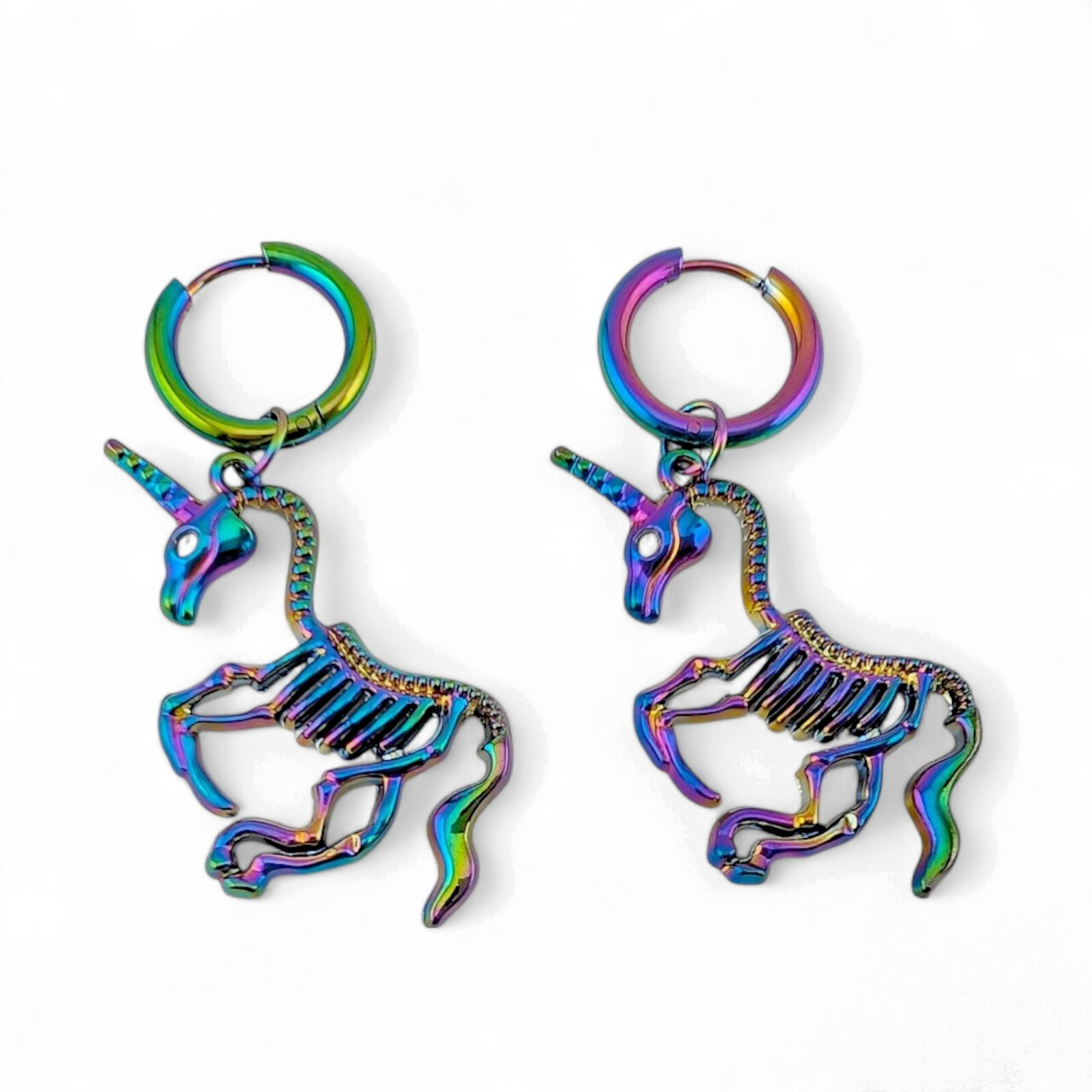 PRANCING UNICORN SKELETONS EARRINGS anodized oilslick rainbow pendant & hoop E5