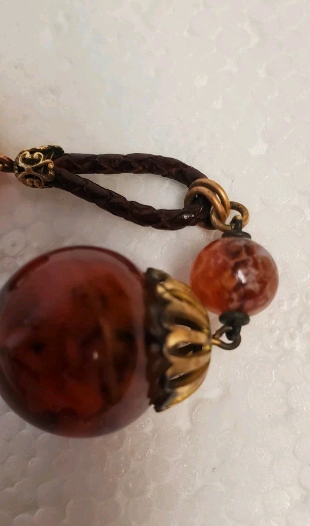 1920s ART DECO ~ LOUIS ROUSSELET Glass & Plaited Leather PENDANT Y NECKLACE