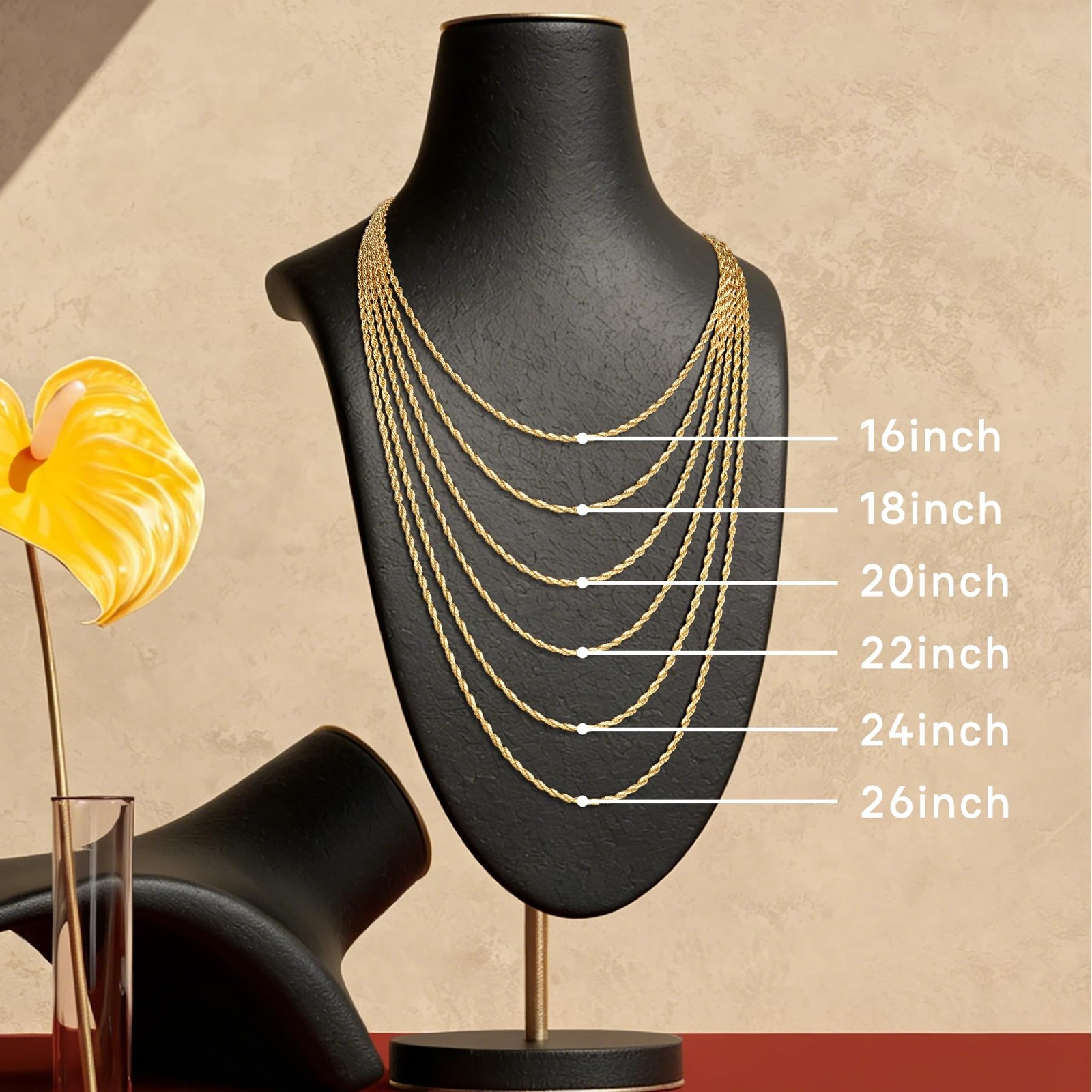 18K Gold Plated Rope Chain Necklace for Women 20 Inch