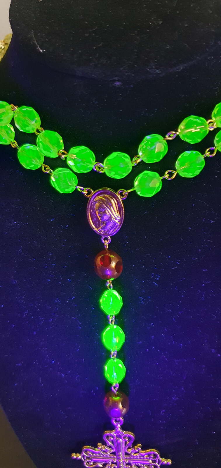 Rosary gothic cross czech uraniumglass beads vintage style jewelry #24091