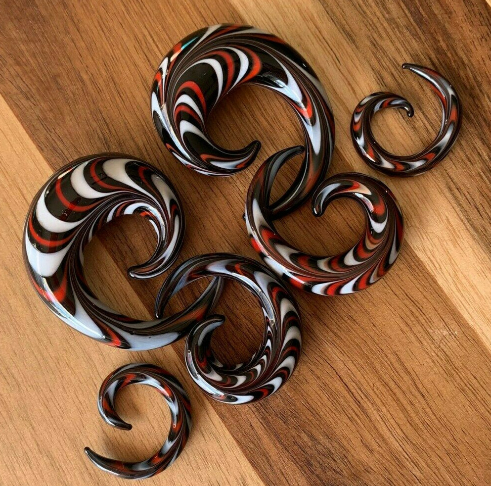 PAIR Red, White & Black Glass Spiral Tapers Expanders Plugs Gauges Body Jewelry