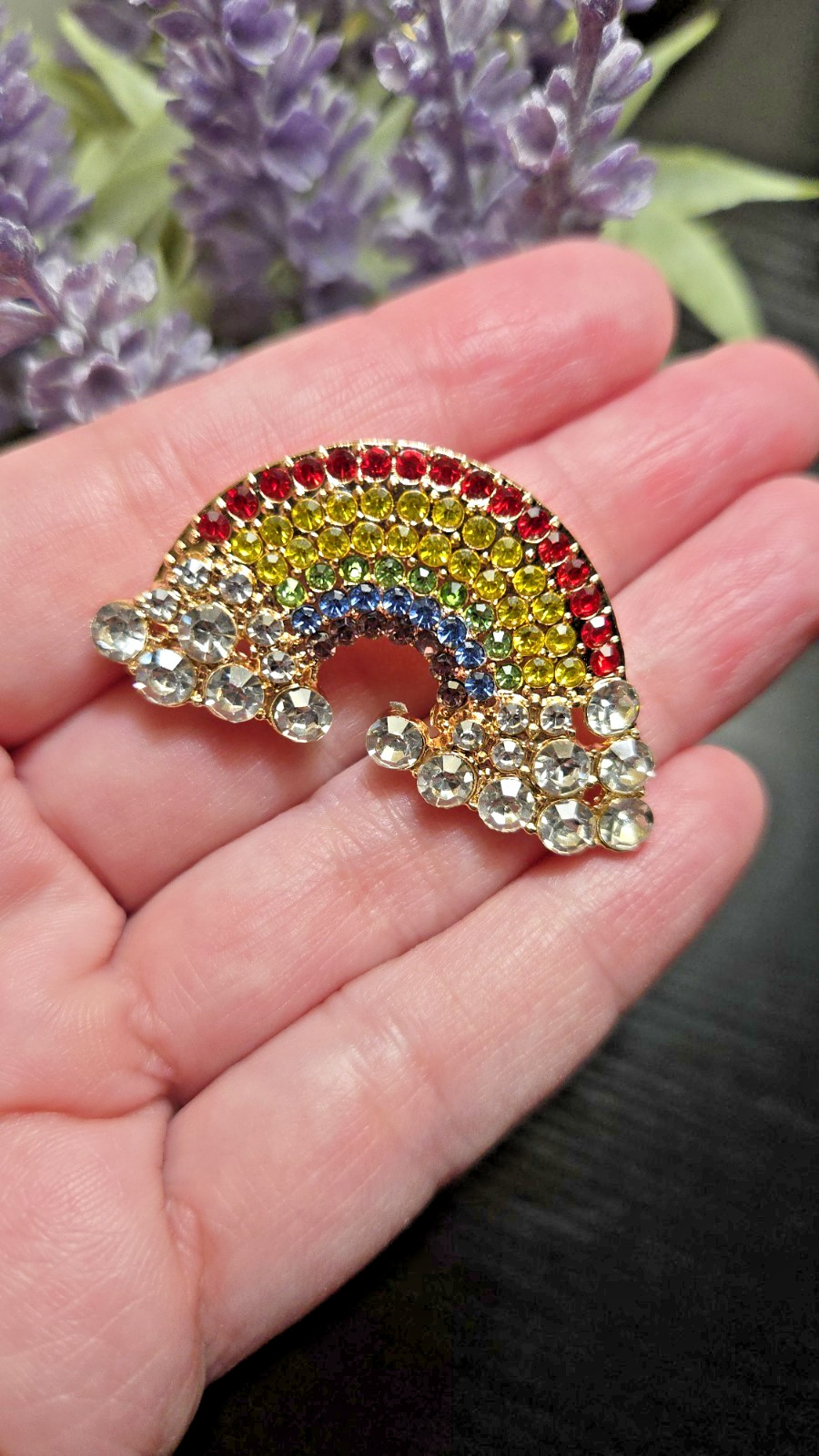 Rainbow Brooch Full Rainbow With Clouds Crystal Rhinestone Rainbow Pin