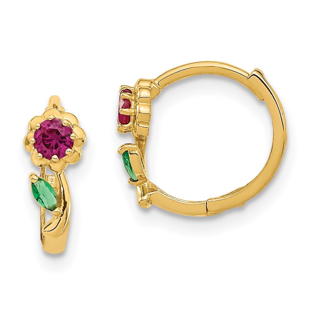 14k Yellow Gold Red & Green CZ Hinged Hoop Earrings