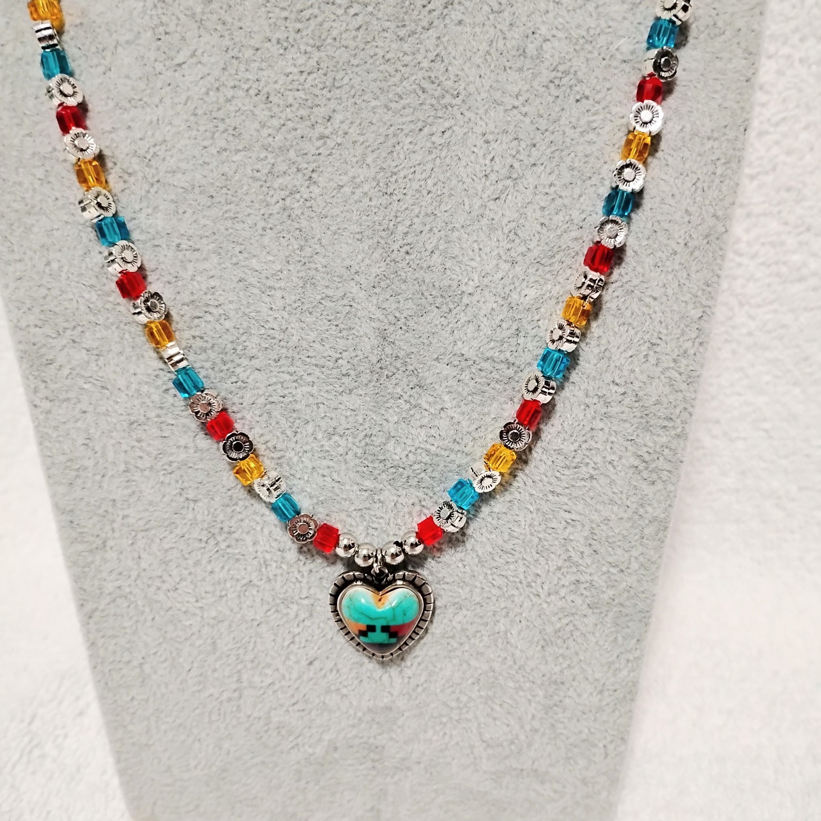 Handcrafted Jewelry 28″ Dainty Citrine Turquoise Red Square Glass Heart Necklace