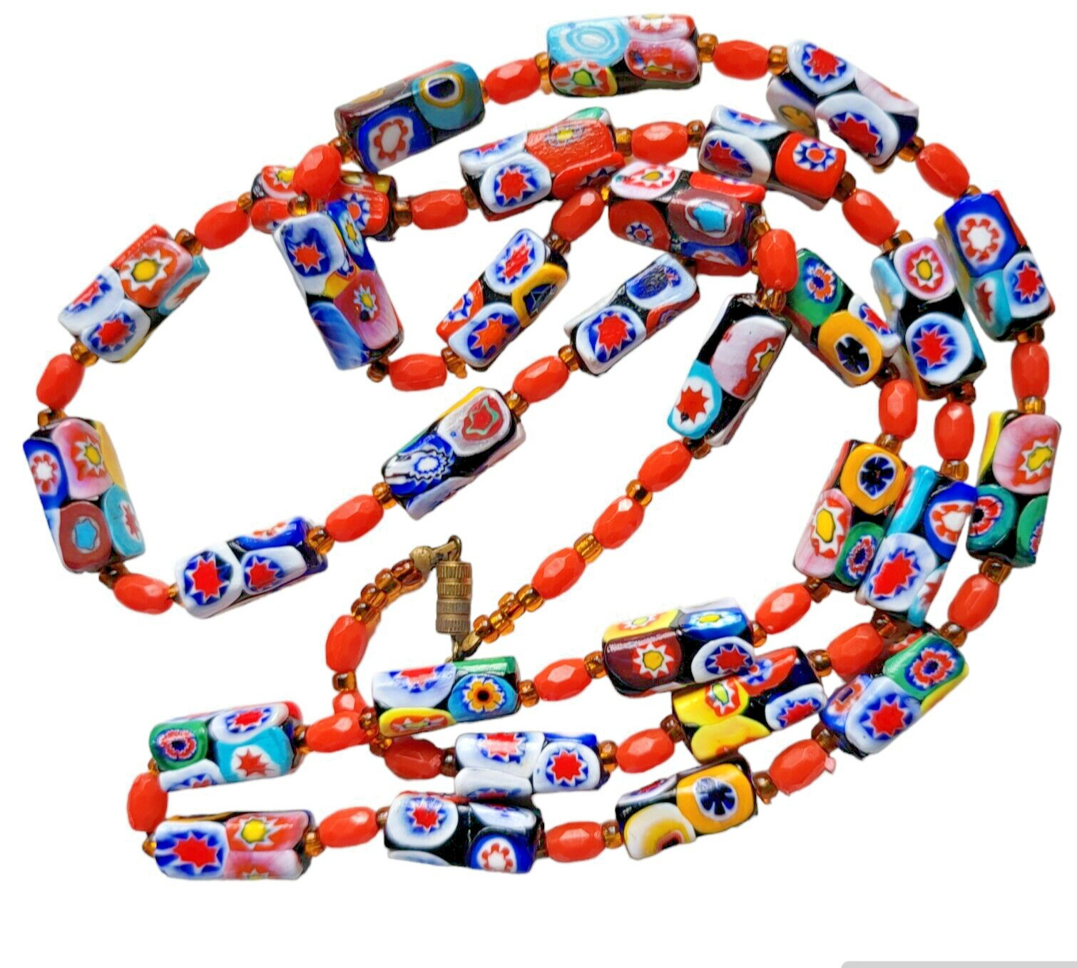 Vintage Venetian Murano Millefiori Glass Tube Bead Necklace 42″ Opera Italy