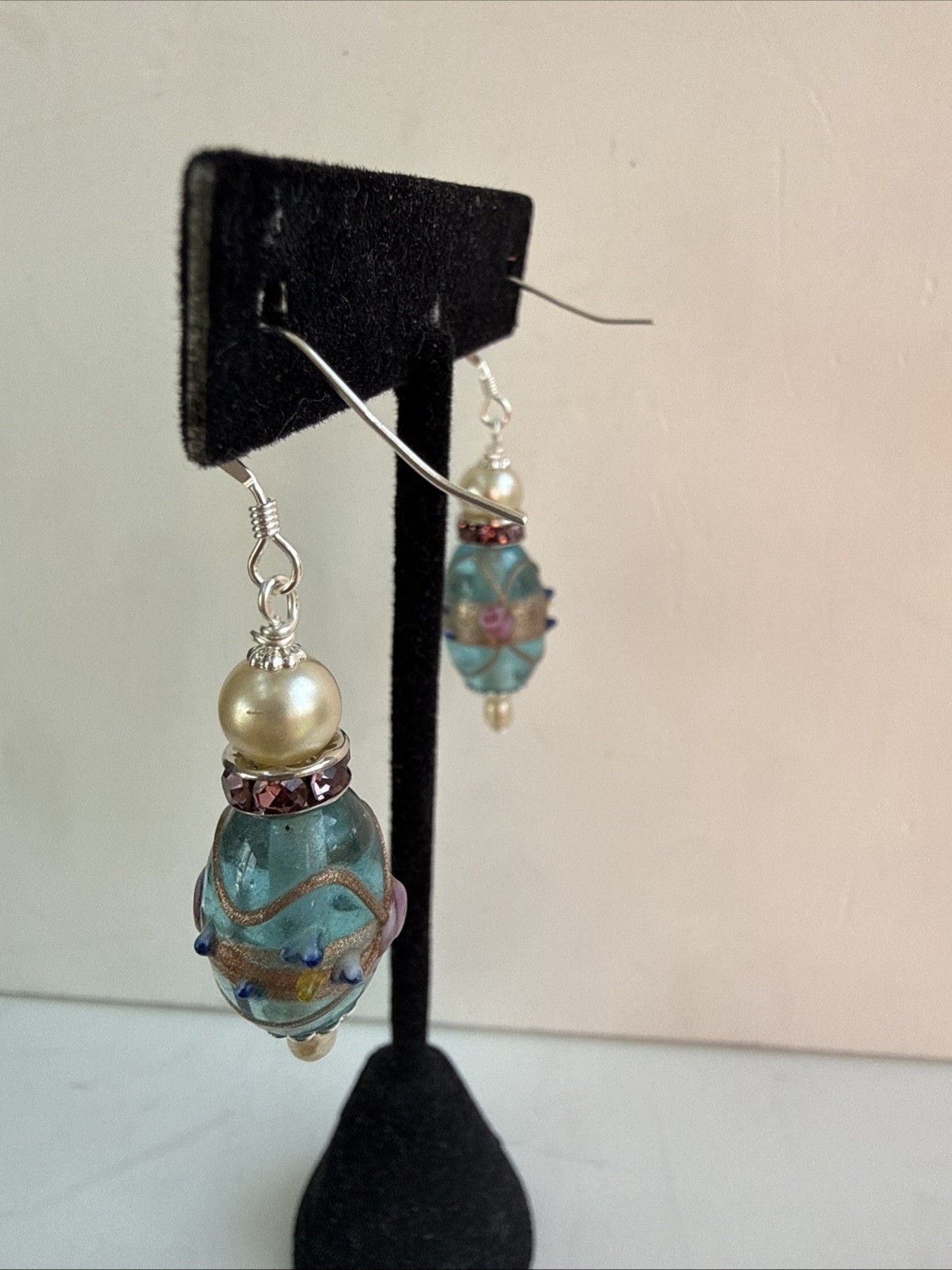 Blue & Pink Wedding Cake Glass Bead Pearl Dangle Earrings Rhinestone Roundelle