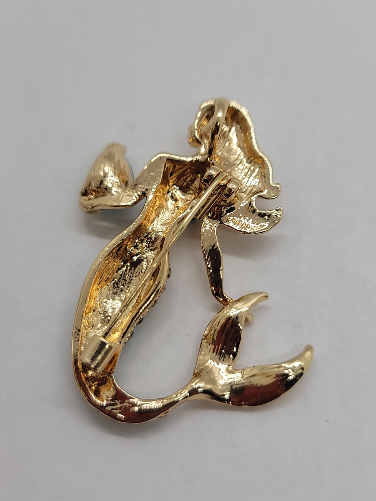Gold-Tone Mermaid Brooch with Blue Gem – Rhinestone Tail & Top – Ocean Fantasy