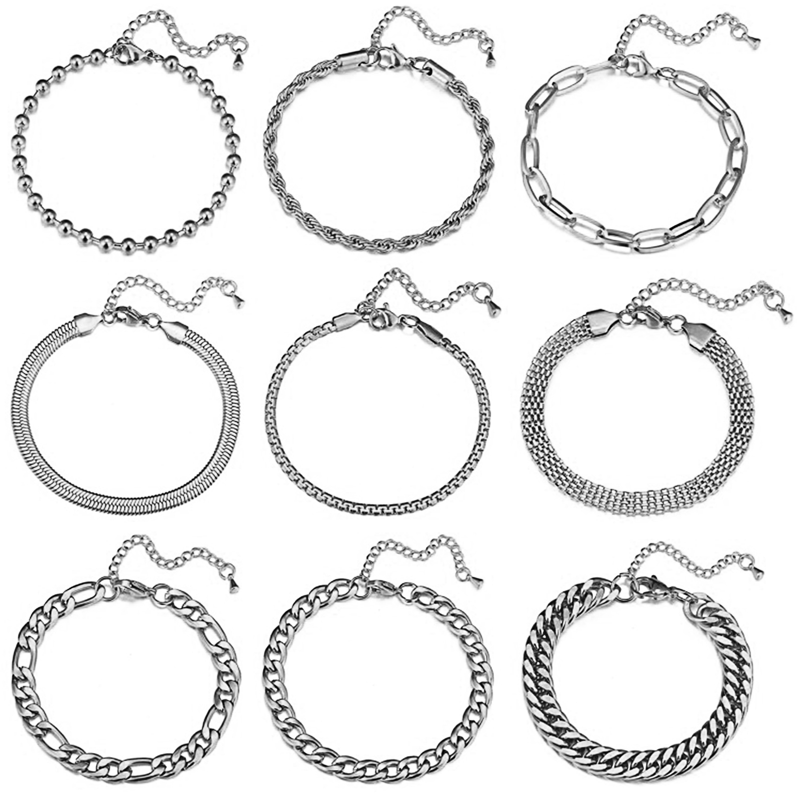 9-18pcs Women’s Stainless Steel Cuban Bracelet Chain Jewelry Set Adjustable