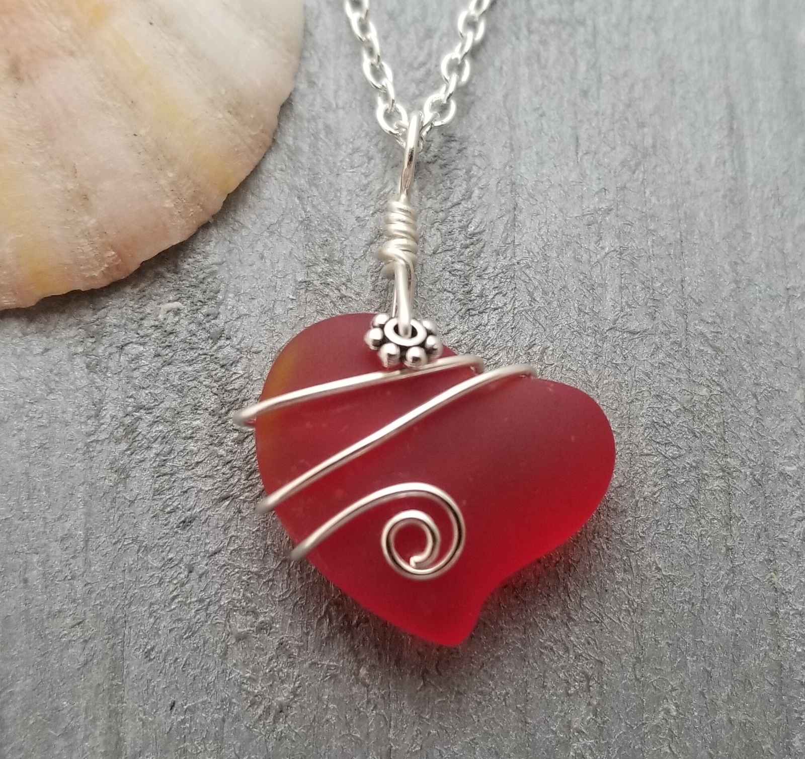 Hawaiian Jewelry Sea Glass Necklace, Wire Ruby Red Necklace Heart Necklace, Sea