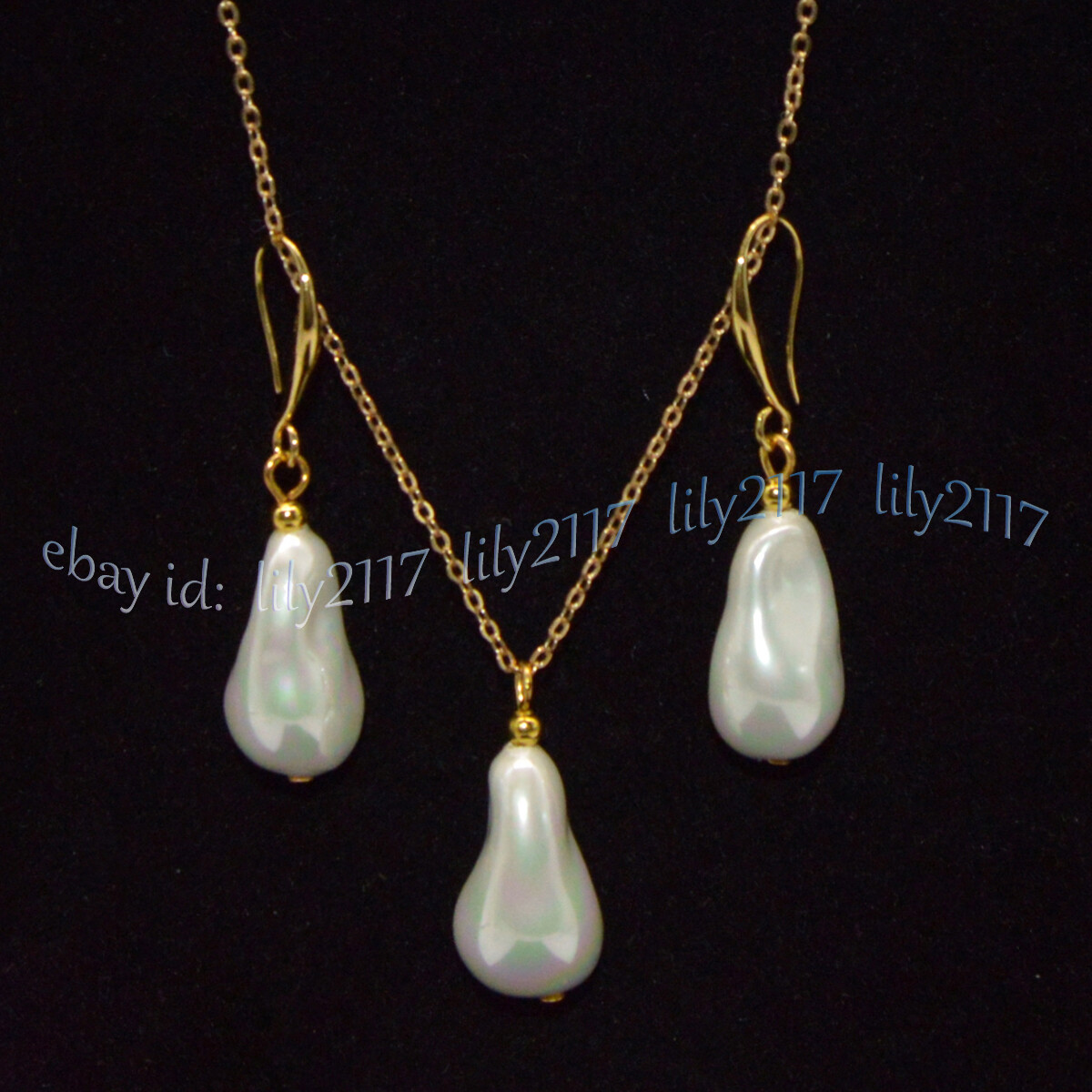 12x20mm White South Sea Baroque Shell Pearl Pendant Necklace Earrings Gold Chain