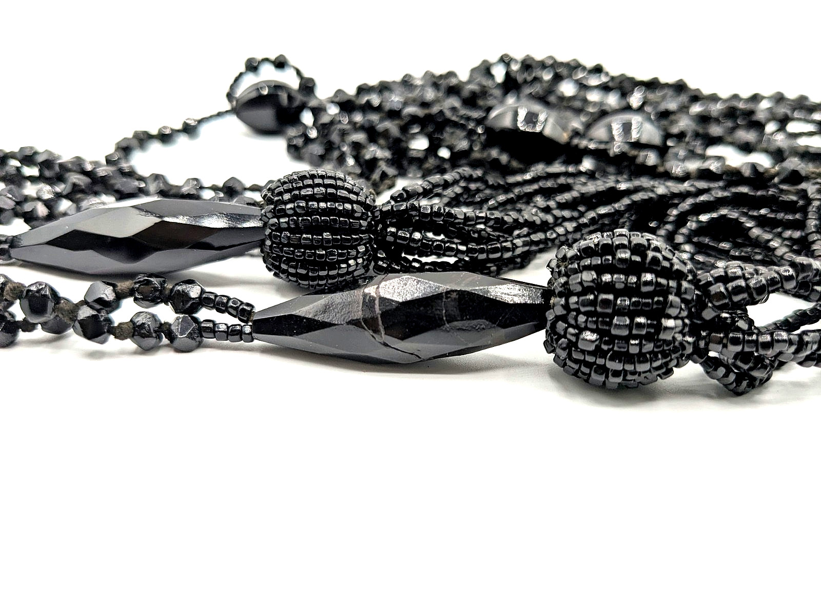 Antique Art Deco French Jet Black Glass Sautoir Open End Tassel Flapper Necklace