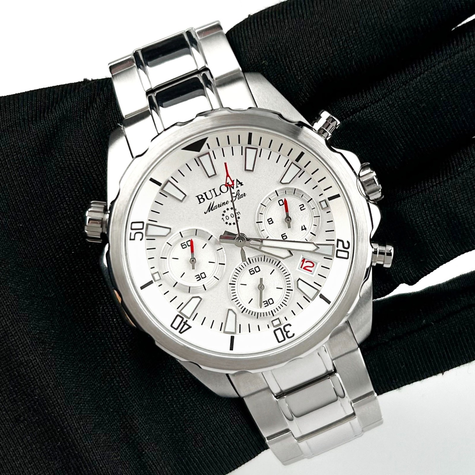 Bulova Marine Star 96B255 Men’s Classic White Dial Chronograph Quartz Watch 43MM