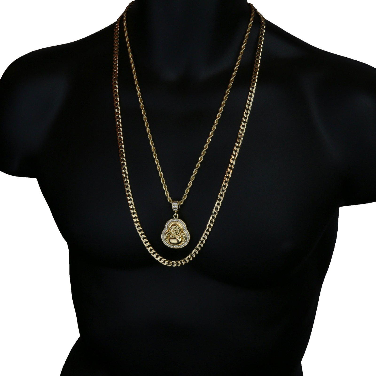 Men 14k Gold Plated Buddha Pendant Cubic-Zirconia 24″ Rope & 30″ Cuban Chain