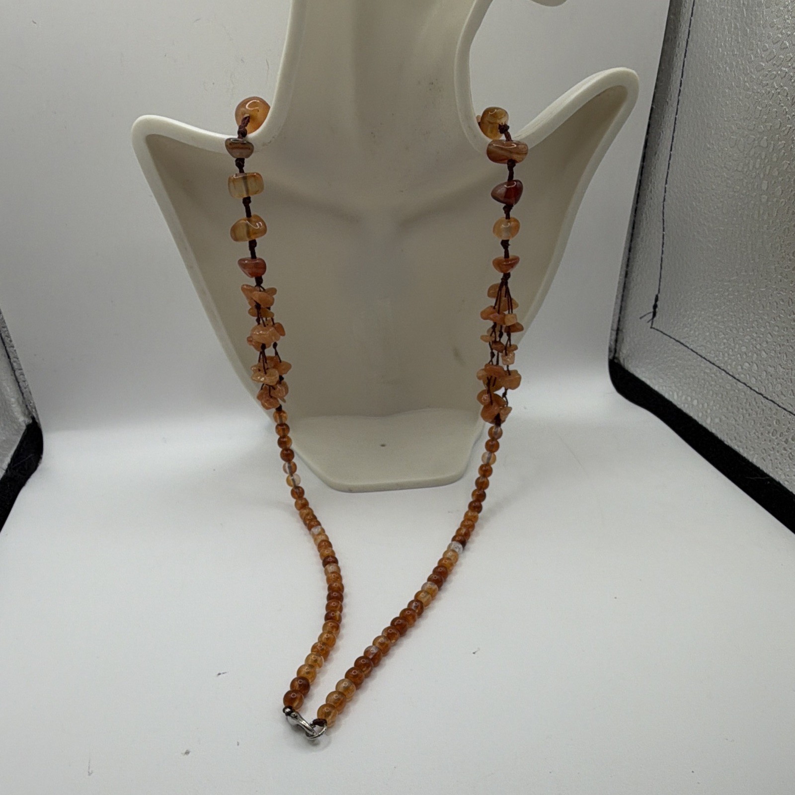 Bohemian Brown/Orange Agate Beaded Pendant Necklace Adjustable Cord Tassel