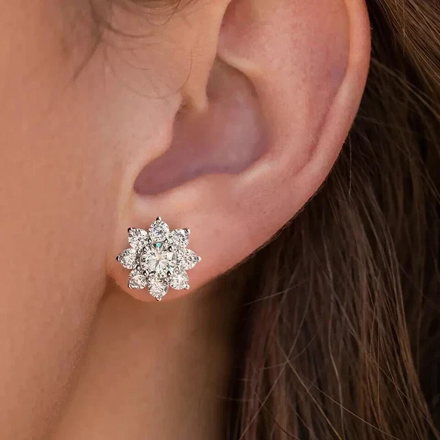 2.00 Ct Round Cut Flower Lab Grown Diamond Stud Earrings 14k White God Plated