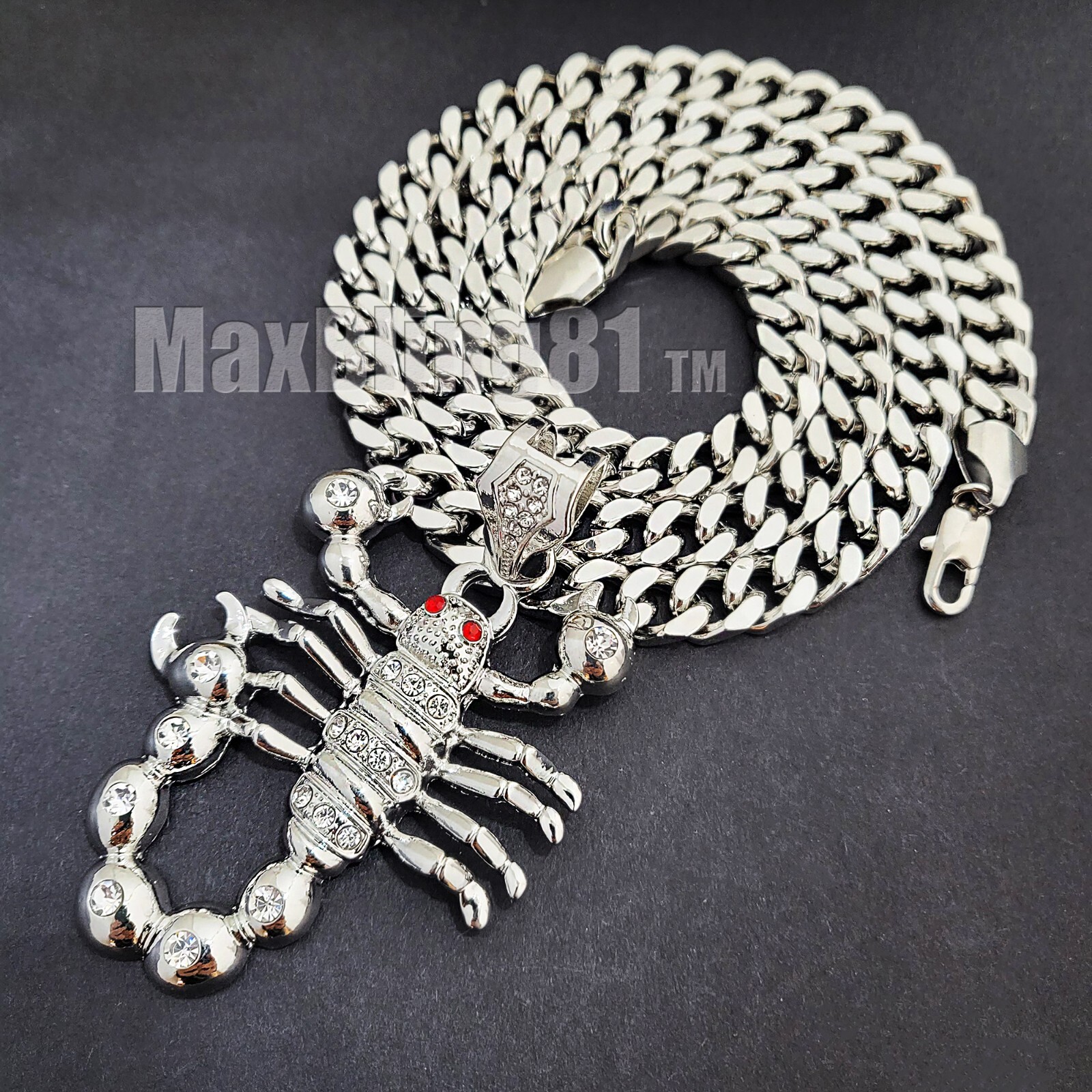 Iced Cubic Zirconia Silver Plated Alloy SCORPION Pendant & Cuban Chain Necklace