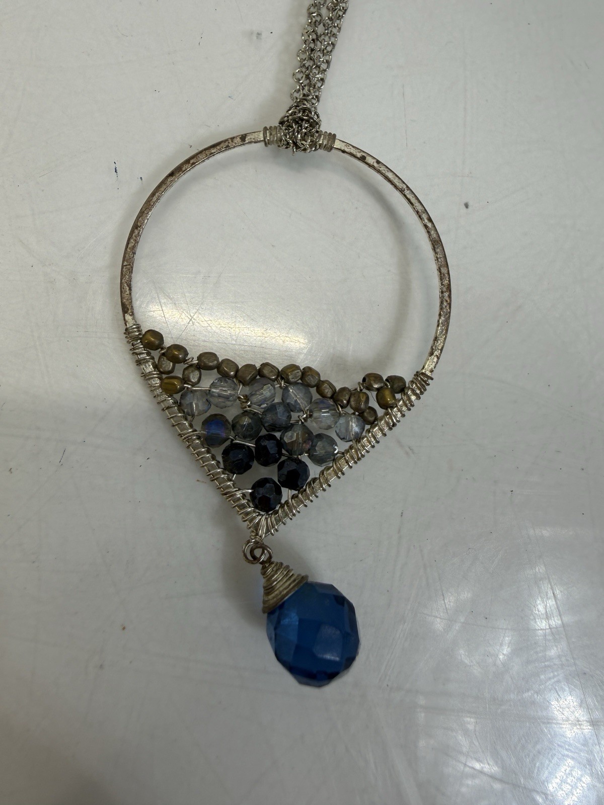 Nakamol Chicago Boho Beaded Wire Wrapped Hoop Necklace Blue Teardrop Crystal