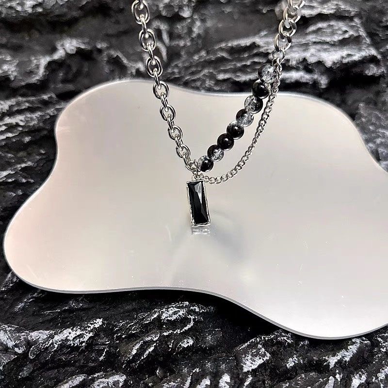 Black White Bead Necklace Stainless Steel Silver Unisex Gothic Y2K Stack Pendant