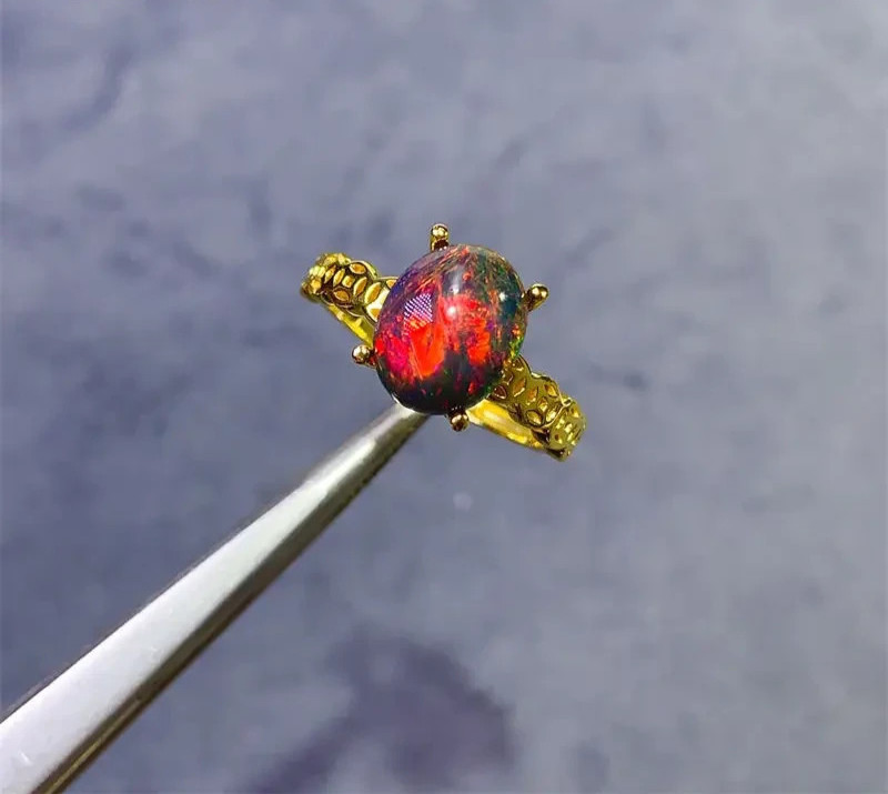 Black Fire Opal Cocktail Ring, Colorful Black Fire Opal Gemstone Ring 8x10mm