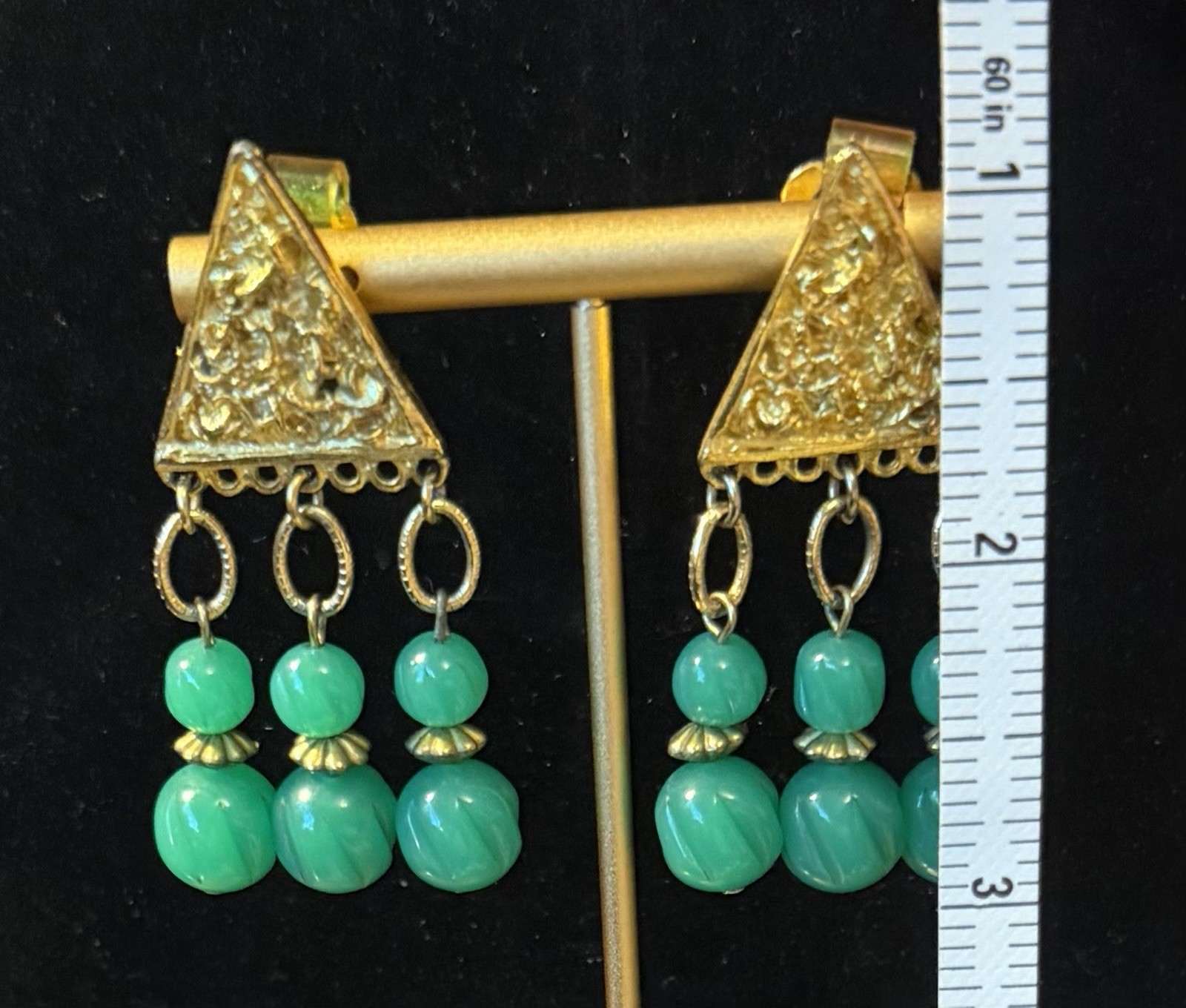 Vintage Hobe Carved Glass Chandelier Goldtone Etruscan Revival Earrings Clip