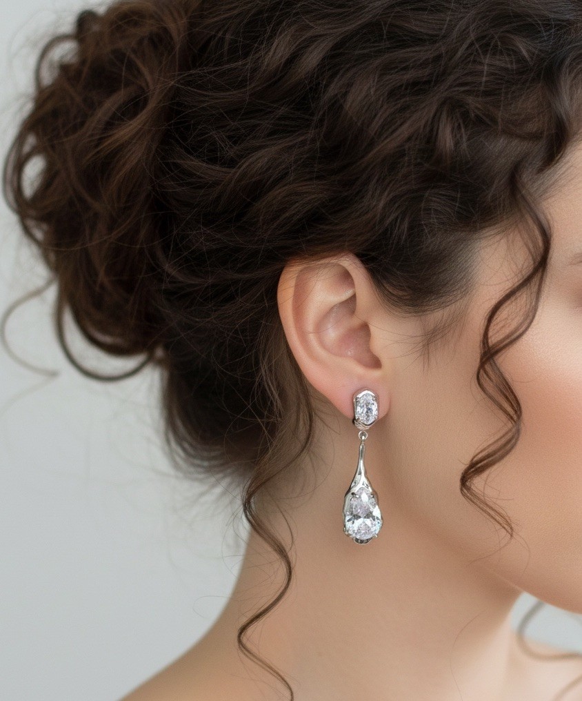 Molten Silver Teardrop Earrings Crystal Oval Stud Geometric Liquid Metal Drop CZ
