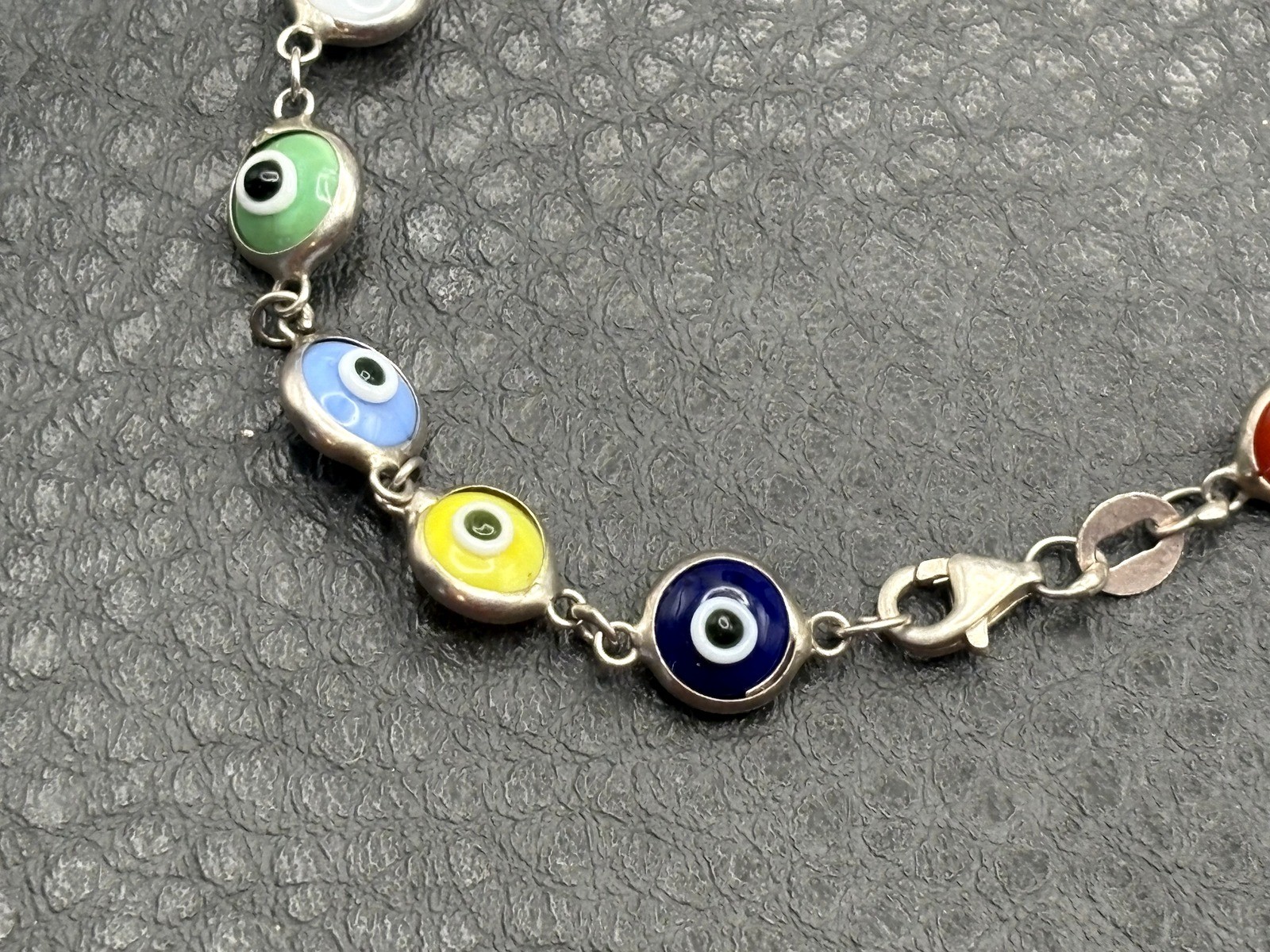 Vintage Sterling Silver 925 Multicolor Glass Evil Eye Link Bracelet 7.5″
