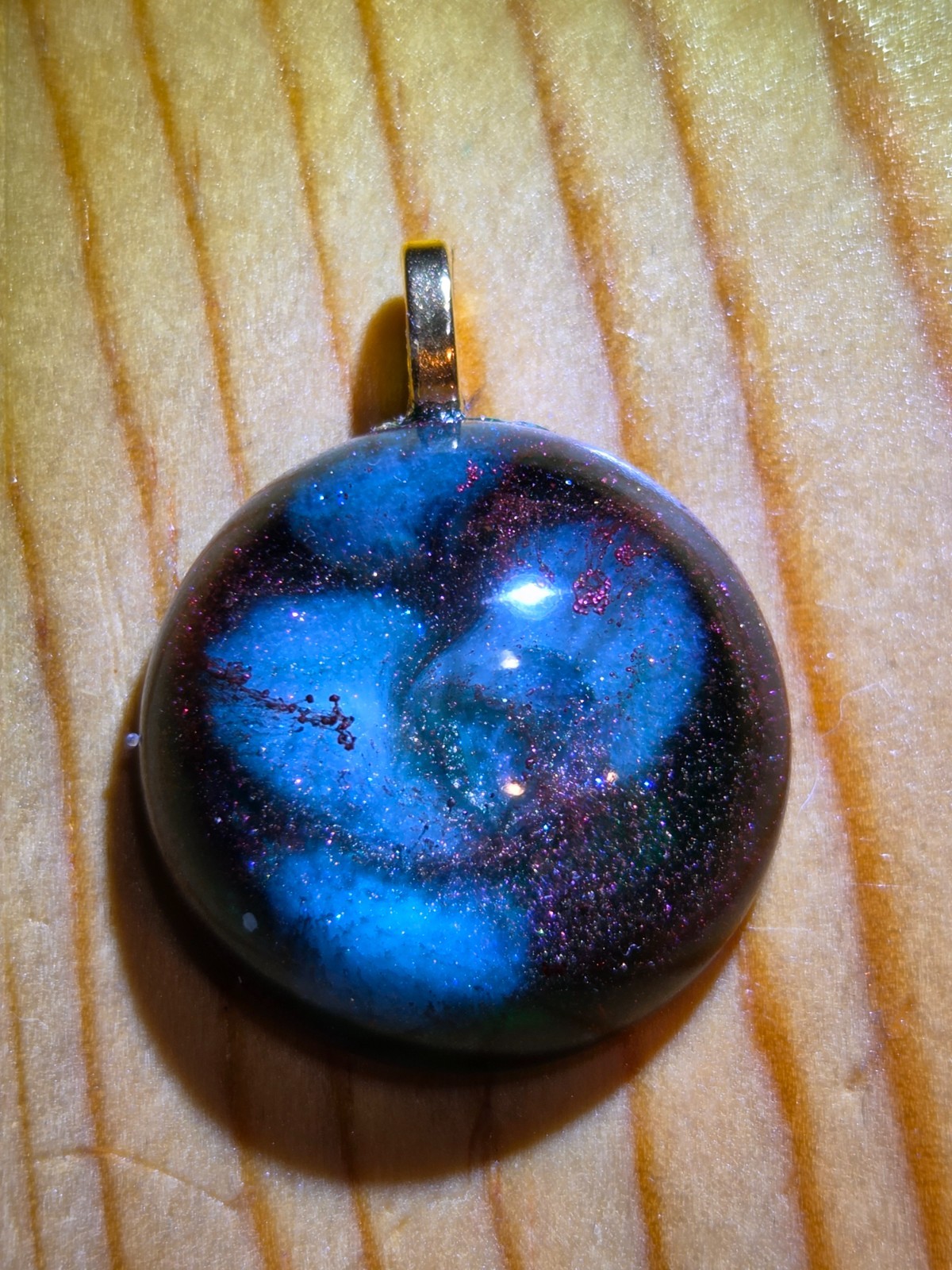 Handmade Blue Teal Nebula Resin Pendant Necklace Round Glitter N101
