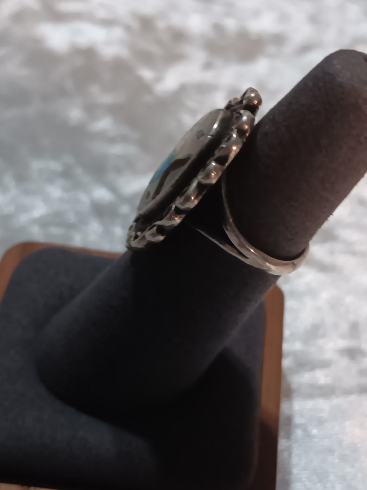 Vint. Zuni Sterling Blue Bird Inlay Mop, Coral, Turquoise, Onyx Ring Signed L
