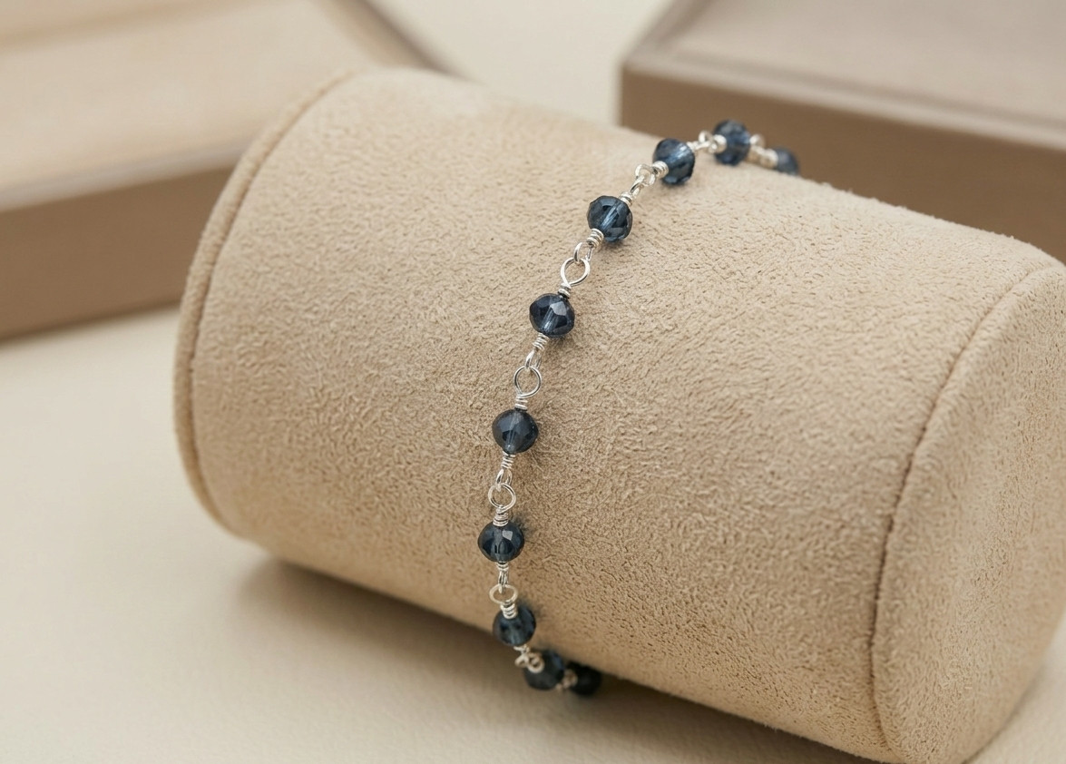 Chic Black Bead Boho Bracelet | Silver Tone Brass Chain Designer Bracelet
